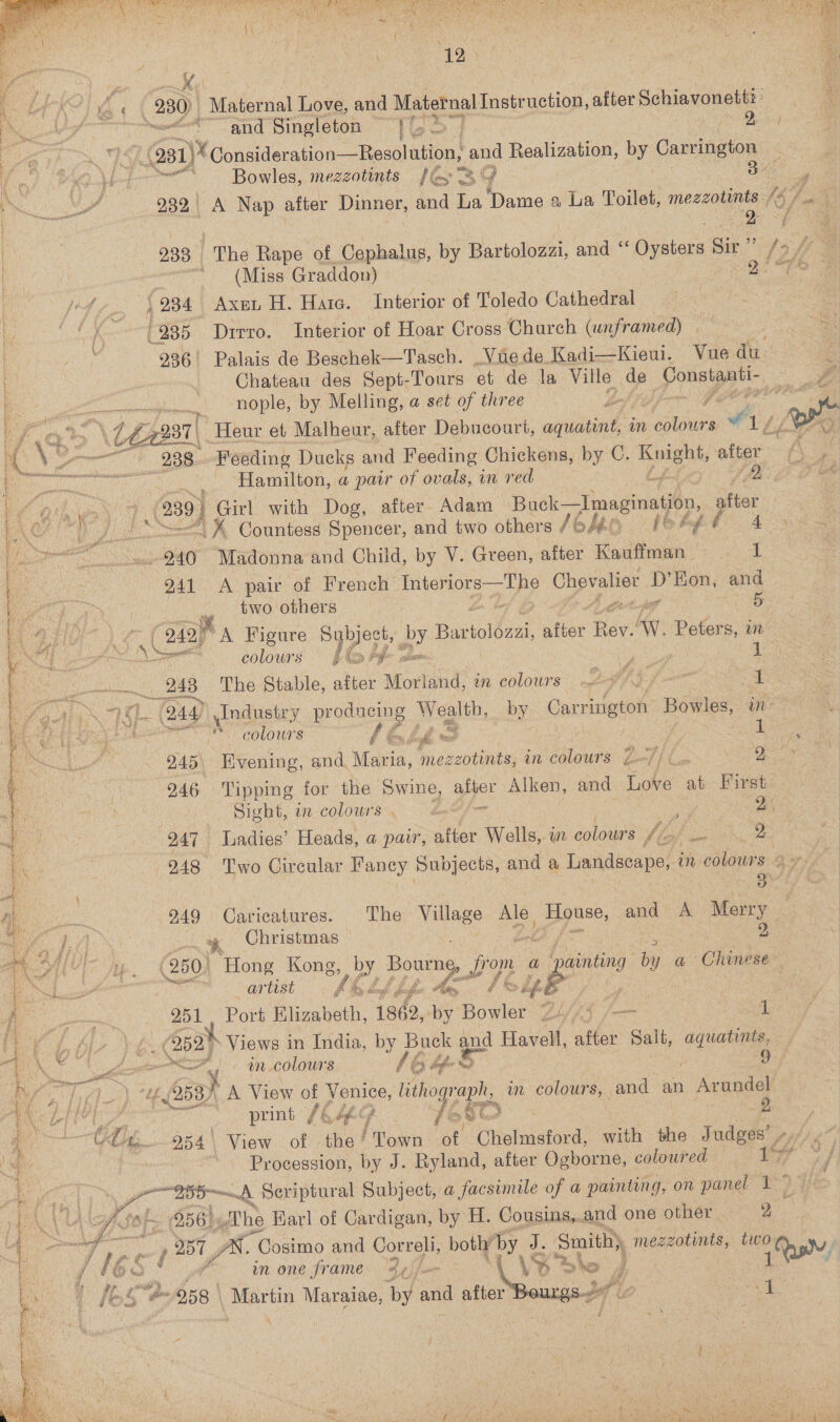       on e TAN, Ke ¢ “280. _ Maternal Love, and Maternal Instruction, after Schiavonett: * OE RG hate “and Singleton TG 44 2 te TR OK | 1 (981)* Consideration—Resolution, and Realization, by Caimineton Lo) tayto” — Bowles, mezcotints le 39 te Ph 082 AV Nap after Dinner, and ie Dame a La Toilet, meszolints: Lh] | | yet The Rape of Cephalus, by Bartolozzi, and ‘* bia Sir he ff g : (Miss Graddon) Be | if, } 284 | Axon A. Haig. Interior of Toledo Cathedral — : bi De f 935 Dirro. Interior of Hoar Cross Church (unframed) : “We “986! Palais de Beschek—Tasch. .Viede Kadi—Kieui. Vue du g Chateau des Sept-Tours et de la Ville de yon a _... nople, by Melling, a set of three b St 237| Heur et Malheur, after Debucourt, aquatint, an ee wf id 288 Feeding Ducks and Feeding Chickens, by C. Knight, after  aoe ul i     Hamilton, a pair of ovals, in red Tae, 239) Girl with Dog, after Adam Buek—Imagination, after bs Countess Spencer, and two others John lebd oe 240 *Miioone and Child, by V. Green, after Kauffman = L 241 A pair of French. Sere 2 Chovalier J be Eon, and x two others , 5. (242) A Figure Pare BY Barioieane after Rev wy. Peters, tn Bin colours flare - ft 243 The Stable, after Mor! ae in colours Phi i— ea | colours fé2 r Ge aoe 245 Bvening, and. Mania, mez ies in colours Z-7/ Co Von 946 Tipping for the Swine, afer Alken, and Love at First Sight, an colours . 7 be 2: a | 947 Ladies’ Heads, a pair, after Wells, wm colours bai an 2. : ae ; 948 Two Circular Faney Subjects, and a Landscape, in colours eg 249 Re uated: The Village Ale, oy dome, ans A Merry noe 1 eA eo K Christmas — 2 | Pe Wb (250) Hong Kong, by Bowing, pon a + painting by a Chinbes ' a naa artist f hy hoof, fof Ak S oly : ene 251, Port Elizabeth, 1862, by Bowler 2) pe fl — 1 / GY EN oe (252) Views in India, by ee and Havell, after Sait, Resale “| i t i eae &lt; on colours by dof — § Bhi). 53) A View of ee apne ‘aph, im colours, and an Arundel L| i print /&amp;46G 168O a ee | i t-954\ View of the’ fen of Chelmsford, with the Judges’ »./ Procession, by J. Ryland, after Ogborne, coloured 7 if se — omen Scriptural Subject, a facsimile of a painting, on oounel sa af SOs 250) Whe Karl of Cardigan, by H. Cousins, and one other 2°   tia, in one frame Ye ame 1% * She A     cae eran
