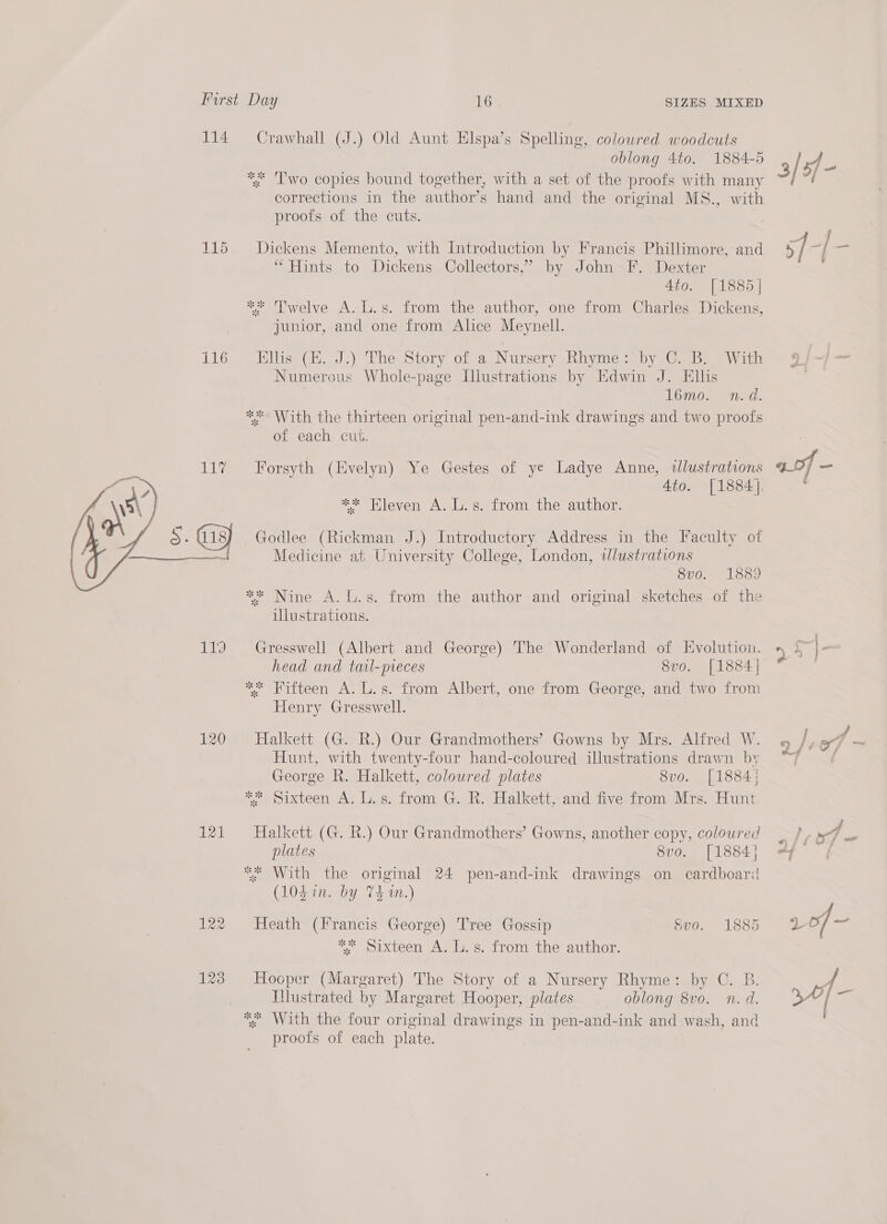 115 116 ahat,  ee 120 ial ©?) oblong 4to. 1884-5 *. lwo copies bound together, with a set of the proofs with many corrections in the author’s hand and the original MS., with proofs of the cuts. Dickens Memento, with Introduction by Francis Phillimore, and “Hints to Dickens Collectors,’ by John~F. Dexter 4to. [1885] ** Twelve A. L.s. from the author, one from Charles Dickens, junior, and one from Alice Meynell. Ellis (H. J.) The Story of a Nursery Rhyme: by C. B. With Numerous Whole-page Illustrations by Edwin J. Ellis l6mo. n.d. ** With the thirteen original pen-and-ink drawings and two proofs of each cut. Forsyth (Evelyn) Ye Gestes of ye Ladye Anne, alustrations 4to. [1884). ** Hleven A. L.s. from the author. Godlee (Rickman J.) Introductory Address in the Faculty of Medicine at University College, London, ilustrations 8vo. 1889 ** Nine A. L.s. from the author and original sketches of the illustrations. Gresswell (Albert and George) The Wonderland of Kvolution. head and taal-pieces 8vo. [1884] ** Fifteen A. L.s. from Albert, one from George, and two from Henry Gresswell. Halkett (G. R.) Our Grandmothers’ Gowns by Mrs. Alfred W. Hunt, with twenty-four hand-coloured illustrations drawn by George R. Halkett, coloured plates 8vo. [1884 ** Sixteen A. L.s. from G. R. Halkett, and five from Mrs. Hunt Halkett (G. R.) Our Grandmothers’ Gowns, another copy, coloured plates 8vo. [1884] ** With the original 24 pen-and-ink drawings on cardboard (10d in. by 741M.) Heath (Francis George) Tree Gossip &amp;vo. 1885 ** Sixteen A. L.s. from the author. Hooper (Margaret) The Story of a Nursery Rhyme: by C. B. Illustrated by Margaret Hooper, plates oblong 8vo. n.d. *« With the four original drawings in pen-and-ink and wash, and proofs of each plate.