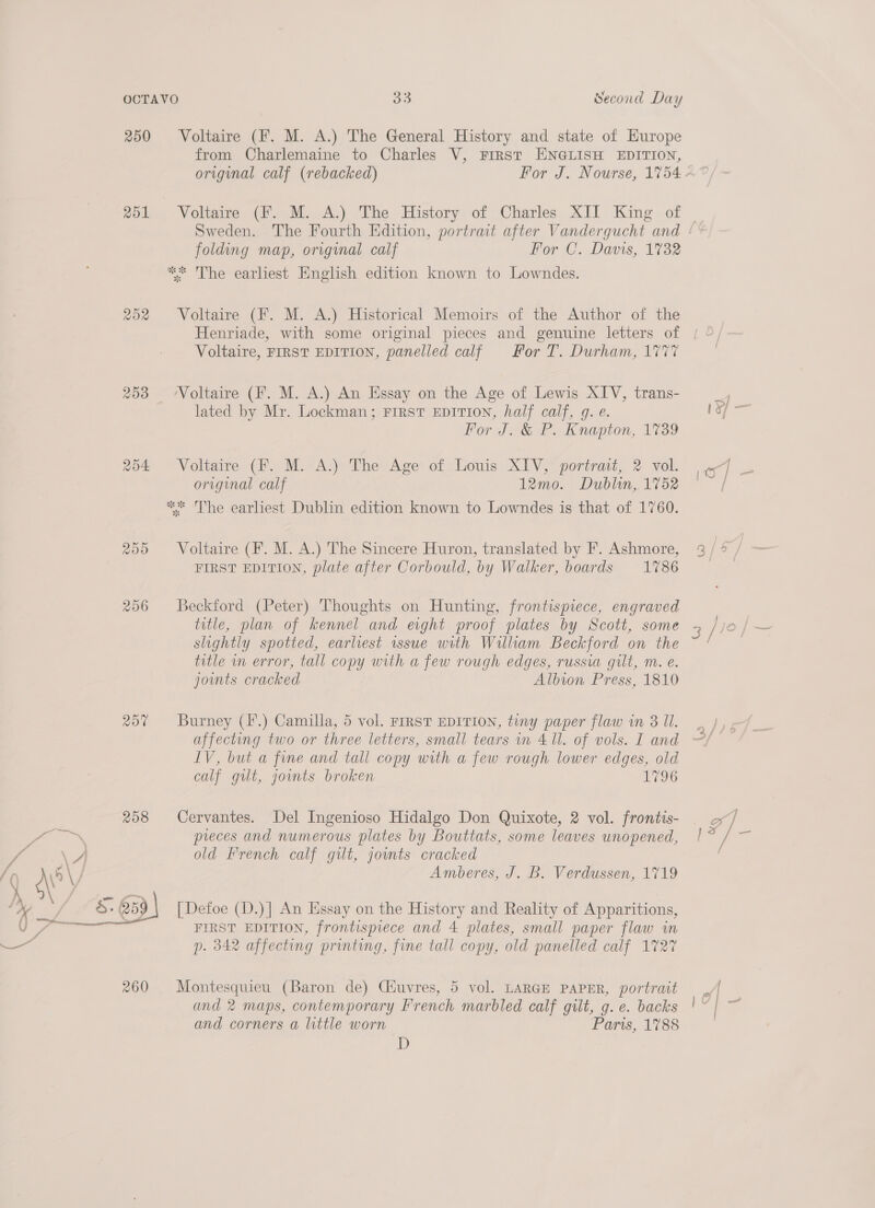 250 251 ROR 200 296 2070  Voltaire (¥. M. A.) The General History and state of Europe from Charlemaine to Charles V, First ENGLISH EDITION, original calf (rebacked) Voltaire (fF. M. A.) The History of Charles XII King of folding map, origmal calf For C. Davis, 1732 ** The earliest English edition known to Lowndes. Voltaire (F. M. A.) Historical Memoirs of the Author of the Henriade, with some original pieces and genuine letters of Voltaire, FIRST EDITION, panelled calf For T. Durham, 1777 ‘Voltaire (F. M. A.) An Essay on the Age of Lewis XIV, trans- lated by Mr. Lockman; First EDITION, half calf, g. e. For J. &amp; P. Knapton, 1739 Voltaire (PF. M. A.) The Age of Louis XIV, portrait, 2 vol. original calf 12mo. Dublon, 1752 ** The earliest Dublin edition known to Lowndes is that of 1760. Voltaire (F. M. A.) The Sincere Huron, translated by F. Ashmore, FIRST EDITION, plate after Corbould, by Walker, boards 1786 Beckford (Peter) Thoughts on Hunting, frontispiece, engraved title, plan of kennel and evght proof plates by Scott, some slightly spotted, earliest wsue with William Beckford on the title wn error, tall copy with a few rough edges, russia gilt, m. e. joints cracked Albion Press, 1810 Burney (I.) Camilla, 5 vol. FIRST EDITION, tiny paper flaw in 3 Il. affecting two or three letters, small tears in 4 ll. of vols. I and LV, but a fine and tall copy with a few rough lower edges, old calf gilt, joints broken 1796 Cervantes. Del Ingenioso Hidalgo Don Quixote, 2 vol. frontts- preces and numerous plates by Bouttats, some leaves unopened, old French calf gut, jowmts cracked Amberes, J. B. Verdussen, 1719 [Defoe (D.)] An Essay on the History and Reality of Apparitions, FIRST EDITION, frontispiece and 4 plates, small paper flaw in p. 342 affecting printing, fine tall copy, old panelled calf 1727 Montesquieu (Baron de) Ciuvres, 5 vol. LARGE PAPER, portrait and 2 maps, contemporary French marbled calf gilt, g. e. backs and corners a little worn Paris, 1788 D