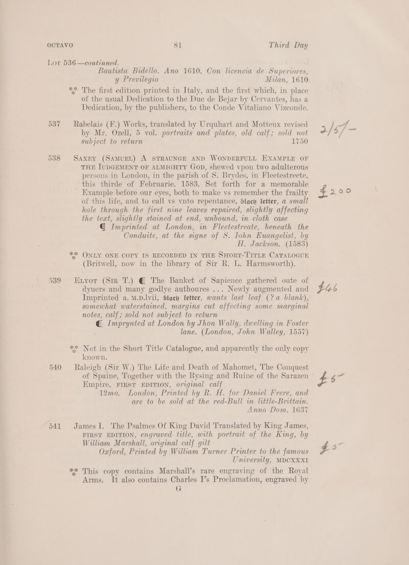 Lor 536—continued. Bautista Bidello. Ano 1610. Con licencia de Superiores, y Previlegro Milan, 1610 * The first edition printed in Italy, and the first which, in place of the usual Dedication to the Duc de Bejar by Cervantes, has a Dedication, by the publishers, to the Conde Vitaliano Vizconde. 537 Rabelais (F.) Works, translated by Urquhart and Motteux revised by Mr. Ozell, 5 vol. portraits and plates, old calf; sold not subject to return 1750 5388 SaxeEy (SAMUEL) A STRAUNGE AND WONDERFULL EXAMPLE OF THE IUDGEMENT OF ALMIGHTY GoD, shewed vpon two adulterous persons in London, in the parish of 8S. Brydes, in Fleetestreete, this thirde of Februarie. 1583. Set forth for a memorable Example before our eyes, both to make vs remember the frailty of this life, and to call vs vnto repentance, Sfach fetter, a small hole through the first nine leaves reparred, slightly affecting the text, slightly stained at end, unbound, in cloth case @ Imprinted at London, in Fleetestreate, beneath the Conduite, at the signe of 8S. Iohn Euangelist, by Hf. Jackson. (1583) ** ONLY ONE COPY IS RECORDED IN THE SHORT-TITLE CATALOGUE (Britwell, now in the hbrary of Sir R. L. Harmsworth). 539 Exyor (Sir T.) @ The Banket of Sapience gathered oute of dyuers and many godlye authoures ... Newly augmented and somewhat waterstaned, margins cut affecting some marginal notes, calf; sold not subject to return @. Imprynted at London by Jhon Wally, dwelling in Foster lane. (London, John Walley, 1557) ** Not in the Short Title Catalogue, and apparently the only copy known. 540 Raleigh (Sir W.) The Life and Death of Mahomet, The Conquest of Spaine, Together with the Rysing and Ruine of the Sarazen Empire, FIRST EDITION, original calf 12mo. London, Printed by hk. H. for Daniel Frere, and are to be sold at the red-Bull wm little-Brittain. Anno Dom. 1637 541 JamesI. The Psalmes Of King David Translated by King James, FIRST EDITION, engraved title, with portrait of the King, by William Marshall, original calf gilt Oxford, Printed by William Turner Printer to the famous Uniwersity, MDOXXXI *%* This copy contains Marshall’s rare engraving of the Royal Arms. It also contains Charles I’s Proclamation, engraved by G £46