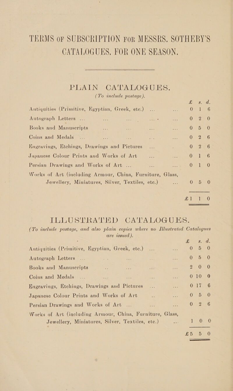 TERMS OF SUBSCRIPTION Fork MESSRS. SOTHEBY'S CATALOGUKS, FOR ONE SEASON,  PLAIN CATALOGUES. (7'o include postage ). LES eal Antiquities (Primitive, Egyptian, Greek, etc.) OR SITIG Autograph Letters OF 2a Books and Mamiccniote Os SD SIEO Coins and Medals OF S256 Knyravings, Etchings, Drawings and Pictures OF F2986 Japanese Colour Prints and Works of Art O18 Persian Drawings and Works of Art ... Of iss) Works of Art (including Armour, China, Furniture, Glass, Jewellery, Miniatures, Silver, Textiles, etc.) ms On baeeO Feta Ae) TEU SUabATD GCATAIZOG Uris? (T'o include postage, and also plain copies where no Illustrated Catalogues are issued ). LS Seed: Antiquities (Primitive, Egyptian, Greek, etc.) On sb eeU Autograph Letters (eS oe kt) Books and Manuscripts 22 UenU Coins and Medals Onl OPEO Engravings, Etchings, Drawings and Pictures Oeligk 6 Japanese Colour Prints and Works of Art 0075730 Persian Drawings and Works of Art OV AZTEC Works of Art (including Armour, China, Furniture, Glass, Jewellery, Miniatures, Silver, Textiles, ete.) = ip rags, Di eG