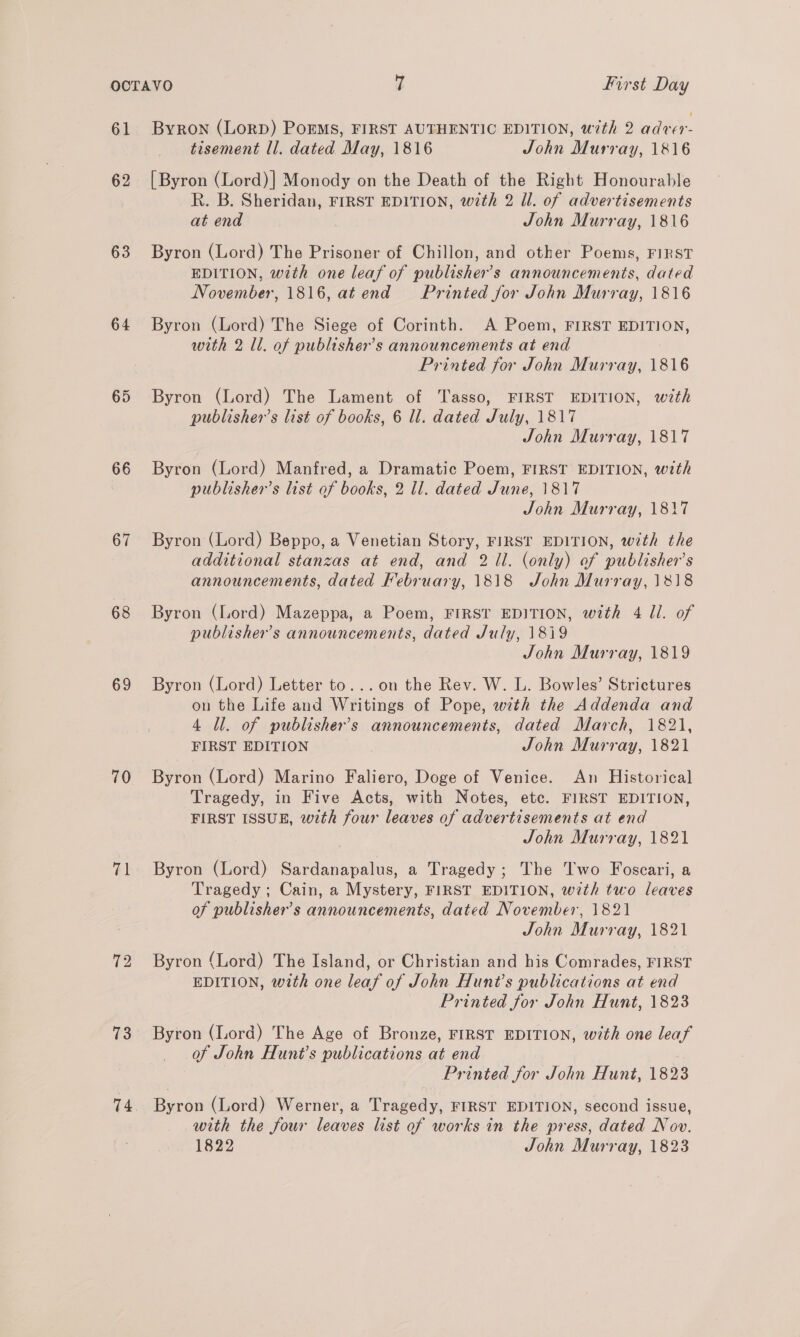 61 62 63 64 65 66 67 68 69 70 (A 72 73 74 Byron (LorD) POEMS, FIRST AUTHENTIC EDITION, with 2 adver- tisement ll. dated May, 1816 John Murray, 1816 [Byron (Lord)] Monody on the Death of the Right Honourable R. B. Sheridan, FIRST EDITION, with 2 ll. of advertisements at end John Murray, 1816 Byron (Lord) The Prisoner of Chillon, and other Poems, FIRST EDITION, with one leaf of publisher’s announcements, dated November, 1816, at end Printed for John Murray, 1816 Byron (Lord) The Siege of Corinth. A Poem, FIRST EDITION, with 2 ll. of publisher's announcements at end Printed for John Murray, 1816 Byron (Lord) The Lament of Tasso, FIRST EDITION, with publisher’s list of books, 6 ll. dated July, 1817 John Murray, 1817 Byron (Lord) Manfred, a Dramatic Poem, FIRST EDITION, with publisher’s list of books, 2 ll. dated June, 1817 John Murray, 1817 Byron (Lord) Beppo, a Venetian Story, FIRST EDITION, with the additional stanzas at end, and 2 ll. (only) of publisher’s announcements, dated February, 1818 John Murray, 1818 Byron (Lord) Mazeppa, a Poem, FIRST EDITION, with 4 Jl. of publisher's announcements, dated July, 1819 John Murray, 1819 Byron (Lord) Letter to...on the Rev. W. L. Bowles’ Strictures on the Life and Writings of Pope, with the Addenda and 4 Ul. of publisher’s announcements, dated March, 1821, FIRST EDITION John Murray, 1821 Byron (Lord) Marino Faliero, Doge of Venice. An Historical Tragedy, in Five Acts, with Notes, etc. FIRST EDITION, FIRST ISSUE, with four leaves of advertisements at end John Murray, 1821 Byron (Lord) Sardanapalus, a Tragedy; The Two Foscari, a Tragedy ; Cain, a Mystery, FIRST EDITION, with two leaves of publisher's announcements, dated November, 1821 John Murray, 1821 Byron (Lord) The Island, or Christian and his Comrades, FIRST EDITION, with one leaf of John Hunt’s publications at end Printed for John Hunt, 1823 Byron (Lord) The Age of Bronze, FIRST EDITION, with one leaf of John Hunt’s publications at end Printed for John Hunt, 1823 Byron (Lord) Werner, a Tragedy, FIRST EDITION, second issue, with the four leaves list of works in the press, dated Nov. 1822 John Murray, 1823