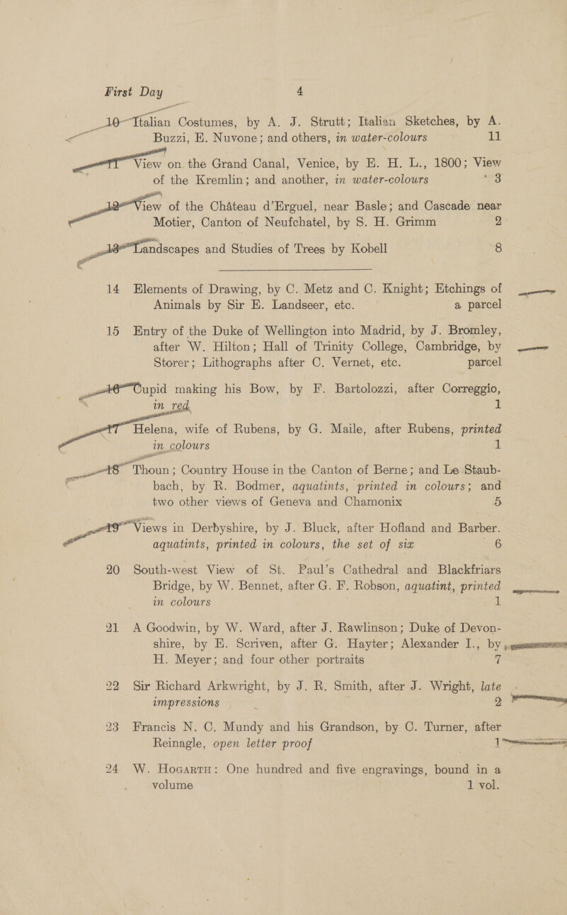 ee _10—Tialian Costumes, by A. J. Strutt; Italian Sketches, by A. a. Buzzi, E. Nuvone; and others, in water-colours wl agi on. the Grand Canal, Venice, by EH. H. L., 1800; view of the Kremlin; and another, in water- hein ent tier of the Chateau d’Erguel, near Basle; and Cascade near Motier, Canton of Neufchatel, by 8. H. Grimm 2 »l8Tandscapes and Studies of Trees by Kebatl 8 14 Elements of Drawing, by C. Metz and C. Knight; Etchings of ___ a Animals by Sir E. Landseer, etc. a parcel 15 Entry of the Duke of Wellington into Madrid, by J. Bromley, after W. Hilton; Hall of Trinity College, Cambridge, by Storer; Lithographs after C. Vernet, etc. parcel Gupid making his Bow, by F. Bartolozzi, after Correggio, m red, 1   ean wife of Rubens, by G. Maile, after Rubens, printed Mn. colours rr cal on Country House in the Canton of Berne; and Le Staub- bach, by R. Bodmer, aquatints, printed in colours; and two other views of Geneva and Chamonix oO eo ae 8 tf “Views in Derbyshire, by J. Bluck, after Hofland and Barber. aquatints, printed in colours, the set of six 6 20 South-west View of St. Paul’s Cathedral and Blackfriars Bridge, by W. Bennet, after G. B. Robson, aquatint, printed in colours ik 21 A Goodwin, by W. Ward, after J. Rawlinson; Duke of Devon- shire, by E. Scriven, after G. Hayter; Alexander I., Dy > uienusseen H. Meyer; and four other portraits 7 22 Sir Richard Arkwright, by J. R. Smith, after J. Wright, late Impressions a * 23 Francis N. C. Mundy and his Grandson, by C. Turner, after Reinagle, open letter proof 1 ennai 24 W. Hocartu: One hundred and five engravings, bound in a volume 1 vol.