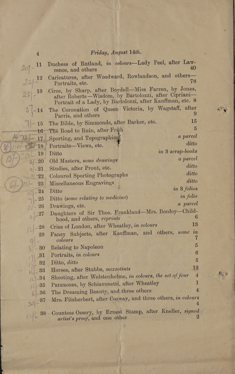 ed   Friday, August 14th. Duchess of Rutland, in colows—Lady Peel, after Law- rence, and others 40 Caricatures, after Woodward, Rowlandson, and others— Portraits, etc. 78 Giree, by Sharp, after Boydell—Miss Farren, by Jones, after Roberts —Wisdom, by Bartolozzi, after Cipriani— Portrait of a Lady, by Bartolozzi, after Kauffman, etc. 8 The Coronation of Queen Victoria, by Wagstaff, after Parris, and others 9 The Bible, by Simmonds, after Barker, etc. 15 ~Thé Road to Ruin, after Frigh 5 Sporting, and oper a parcel Portraits—Views, ete. ditto Ditto in 8 scrap-books Old Masters, some drawings a parcel _ Studies, after Prout, etc. ditto Coloured Sporting Photographs ditto Miscellaneous Engravings - ditto Ditto in 8 folios Ditto (some relating to medicine) in folio Drawings, etc. | | a parcel Daughters of Sir Thos. Frankland—Mrs. Bonfoy—Child- hood, and others, reprints 6 Cries of London, after Wheatley, in colours - 18 Fancy Subjects, after Kauffman, and others, some in colours 7 Relating to Napoleon 5 Portraits, in colours eG Ditto, ditto 5 Horses, after Stubbs, mezzotints 12 Shooting, after Wolstenholme, wm colours, the set of feur 4 Primroses, by Schiavonetti, after Wheatley 1 The Dreaming Beauty, and three others 4 Mrs. Fitzherbert, after Cosway, and three others, wm colours 4 artist’s proof, and one other    