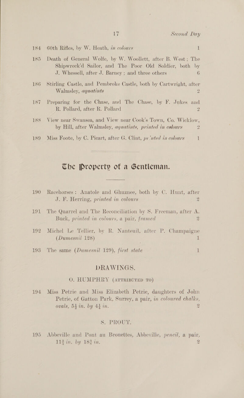 186 187 190 11 194 195 i Second Day 60th Rifles, by W. Heath, 72 colours 1 Death of General Wolfe, by W. Woollett, after B. West; The Shipwreck’d Sailor, and The Poor Old Soldier, both by J. Whessell, after J. Barney ; and three others 6 Stirling Castle, and Pembroke Castle, both by Cartwright, after Walmsley, aquatints 2 Preparing for the Chase, and The Chase, by F. Jukes and R. Pollard, after R. Pollard 2 View near Swansea, and View near Cook’s Town, Co. Wicklow, by Hill, after Walmsley, aquatints, printed in colowrs 2 Miss Foote, by C. Picart, after G. Clint, pr-nted in colours ib Che Property of a Gentleman. Racehorses: Anatole and Ghuznee, both by C. Hunt, after J. F. Herring, printed in colours 2 The Quarrel and The Reconciliation by S. Freeman, after A. Buck, printed wm colours, a pair, framed 2 Michel Le Tellier, by R. Nanteuil, after P. Champaigne (Dumesnil 128) al The same (Dumesnil 129), first state il DRAWINGS. QO. HUMPHRY (ATTRIBUTED TO) Miss Petrie and Miss Elizabeth Petrie, daughters of John Petrie, of Gatton Park, Surrey, a pair, in coloured chalks, ovals, 54 in. by 44 in. 2 S--PROUE. Abbeville and Pont au Brouettes, Abbeville, pencil, a pair,