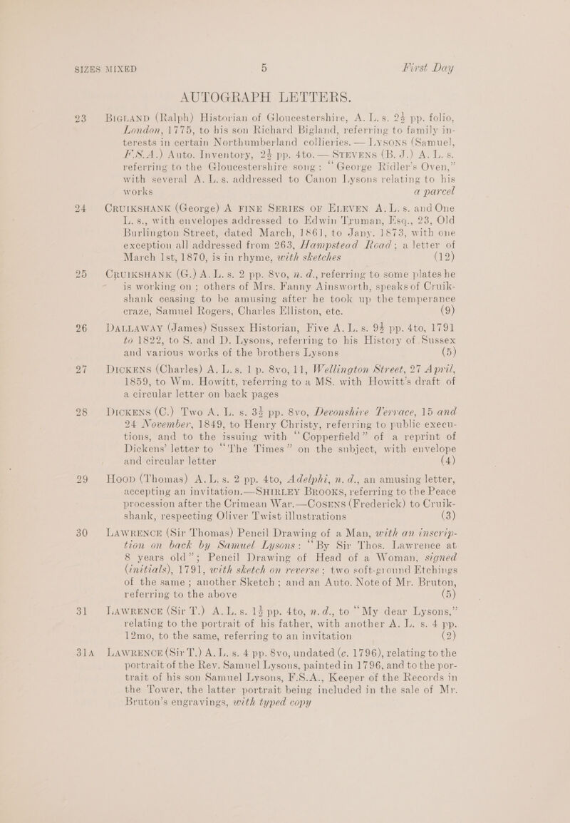 23 26 30 31 AUTOGRAPH LETTERS. BiGLAND (Ralph) Historian of Gloucestershire, A. L.s. 24 pp. folio, London, 1775, to bis son Richard Bigland, referring to family in- terests in certain Northumberland collieries. — Lysons (Samuel, FSA.) Auto. Inventory, 24 pp. 4to. — Stevens (B. J.) A. L. s. referring to the Gloucestershire song: © George Ridler’s Oven,” with several A. L.s. addressed to Canon J.ysons relating to his works a parcel CRUIKSHANK (George) A FINE SERIES OF ELEVEN A.L.s. and One L.s., with envelopes addressed to Edwin Truman, Iésq., 23, Old Burlington Street, dated March, 1&amp;6], to Jany. 1873, with one exception all addressed from 263, Hampstead Road; a letter of March Ist, 1870, is in rhyme, with sketches (12) CRUIKSHANK (G.) A. L. s. 2 pp. 8vo, n. d., referring to some plates he is working on; others of Mrs. Fanny Ainsworth, speaks of Cruik- shank ceasing to be amusing after he took up the temperance eraze, Samuel Rogers, Charles Elliston, ete. (9) DALLAWAY (James) Sussex Historian, Five A. L.s. 94 pp. 4to, 1791 to 1822, to 8. and D. Lysons, referring to his History of ‘Sussex and various works of the brothers Lysons (5) DickENS (Charles) A. L.s. 1 p. 8vo, 11, Wellington Street, 27 April, 1859, to Wm. Howitt, referring to a MS. with Howitt’s draft of a circular letter on back pages DickENs (C.) Two A. L. s. 34 pp. 8vo, Devonshire Terrace, 15 and 24 November, 1849, to Henry Christy, referring to public execu- tions, and to the issuing with “‘Copperfield” of a reprint of Dickens’ letter to “The Times” on the subject, with envelope and circular letter (4) Hoop (Thomas) A.L.s. 2 pp. 4to, Adelphz, n. d., an amusing letter, accepting an Invitation.—SHIRLEY Brooks, referring to the Peace procession after the Crimean War.—CoseEns (Frederick) to Cruik- shank, respecting Oliver Twist illustrations (3) LAWRENCE (Sir Thomas) Pencil Drawing of a Man, with an inscrip- tion on back by Samuel Lysons: “By Sir Thos. Lawrence at 8 years old”; Pencil Drawing of Head of a Woman, signed (initials), 1791, with sketch on reverse; two soft-ground Etchings of the same; another Sketch ; and an Auto. Note of Mr. Bruton, referring to the above (5) LAWRENCE (Sir T.) A. L.s. 13 pp. 4to, ».d., to “My dear Lysons,” relating to the portrait of his father, with another A. L. s. 4 pp. 12mo, to the same, referring to an invitation (2) portrait of the Rev. Samuel Lysons, painted in 1796, and to the por- trait of his son Samuel Lysons, F.S.A., Keeper of the Records in the Tower, the latter portrait being included in the sale of Mr. Bruton’s engravings, with typed copy