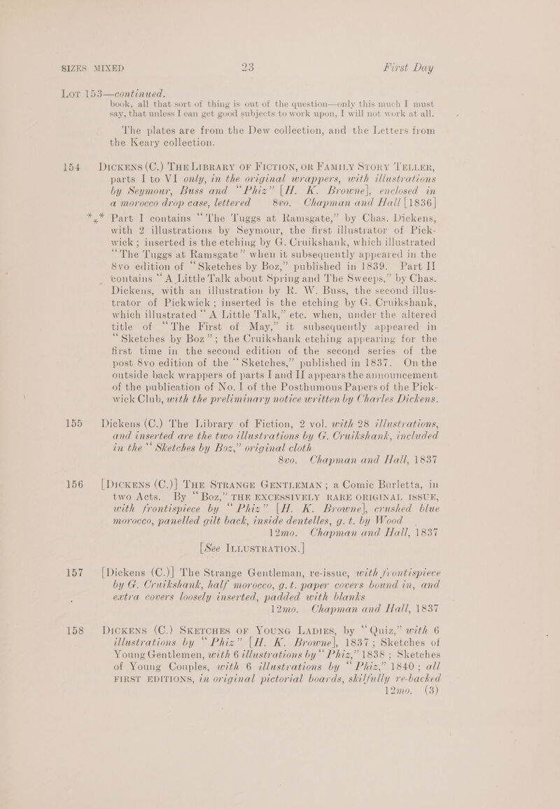 SIZES MIXED e: oo First Day Lot 153—continued. book, all that sort of thing is out of the question—only this much I must say, that unless I can get good subjects to work upon, I will not work at all. The plates are from the Dew collection, and the Letters from the Keary collection. 154 Dickens(C.) Tur LipRAary OF FICTION, OR FAMILY StorY ‘TELLER, parts I to VI only, in the original wrappers, with illustrations by Seymour, Buss and “Phiz” |H. K. Browne], enclosed in a morocco drop case, lettered 8vo. Chapman and Hall |1836| ** Part I contains “The uggs at Ramsgate,” by Chas. Dickens, with 2 illustrations by Seymour, the first illustrator of Pick- wiek ; inserted is the etching by G. Cruikshank, which illustrated “The Tuggs at Ramsgate” when it subsequently appeared in the Svo edition of “Sketches by Boz,” published in 1839. Part II contains “A Little Talk about Spring and The Sweeps,” by Chas. Dickens, with an illustration by Rk. W. Buss, the second illus- trator of Pickwick; inserted is the etching by G. Cruikshank, which illustrated A Little Talk,” ete. when, under the altered title of “The First of May,” it subsequently appeared in “Sketches by Boz”; the Cruikshank etching appearing for the first time in the second edition of the second series of the post 8vo edition of the “Sketches,” published in 1837. On the outside back wrappers of parts I and II appears the announcement of the publication of No. I of the Posthumous Papers of the Pick- wick Club, wth the preliminary notice written by Charles Dickens. 155 Dickens (C.) The Library of Fiction, 2 vol. with 28 dllustrations, and inserted are the two illustrations by G. Cruikshank, included in the *’ Sketches by Boz,” original cloth 8vo. Chapman and Hall, 1837 156 [Dickens (C.)] Tae Strance GENTLEMAN; a Comic Burletta, in two Acts. By “ Boz,” THE EXCESSIVELY RARE ORIGINAL ISSUE, with frontispiece by “ Phiz” |H. K. Browne], crushed blue morocco, panelled gilt back, inside dentelles, g.t. by Wood. 12mo. Chapman and Hall, 1837 [See ILLUSTRATION. | 157 [Dickens (C.)] The Strange Gentleman, re-issue, with jrontispiece by G. Cruikshank, half morocco, g.t. paper covers bound in, and extra covers loosely inserted, padded with blanks 12mo. Chapman and Hall, 18387 158 Dickens (C.) Sxkercnes or YounG Lapigs, by “Quiz,” with 6 illustrations by “ Phiz” |H. K. Browne], 1837; Sketches of Young Gentlemen, with 6 illustrations by Phiz,’ 1838 ; Sketches of Young Couples, with 6 illustrations by “ Phiz,’ 1840; all FIRST EDITIONS, 72 original pictorial boards, skilfully oe