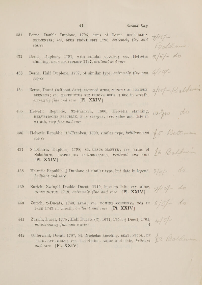 431 433 434 435 436 438 439 440 441 442 41 Second Day Berne, Double Duplone, 1796, arms of Berne, RESPUBLICA BERNENSIS; rev. DEUS PROVIDEBIT 1796, extremely fine and scarce Berne, Duplone, 1797, with similar obverse; rev. Helvetia standing, DEUS PROVIDEBIT 1797, brilliant and rare Berne, Half Duplone, 1797, of similar type, extremely fine and scarce Berne, Ducat (without date), crowned arms, MONETA AUR REIPUB. BERNENS ; rév. BENEDICTUS SIT IEHOVA DEUS .1 DUC in wreath, extremely fine and rare [Pl. XXIV] Helvetic Republic, 32-Franken, 1800, Helvetia standing, HELVETISCHE REPUBLIK, B in exergue; rev. value and date in wreath, very fine and rare Helvetic Republic, 16-Franken, 1800, similar type, brilliant and scarce Solothurn, Duplone, 1798, sT. URSUS MARTYR; rev. arms of Solothurn, RESPUBLICA SOLODORENSIS, brilliant and rare (Pl. XXIV] Helvetic Republic, + Duplone of similar type, but date in legend. brillant and rare Zurich, Zwineli Double Ducat, 1719, bust to lett; rey. “altar, INEXTINCTUM 1719, extremely fine and rare [Pl. XXIV] Zurich, 2-Ducats, 1743, arms; rev. DOMINE CONSERVA NOS IN PACE 1743 in wreath, brilliant and rare [Pl. XXIV] Zurich, Ducat, 1775; Half Ducats (2), 1677, 1753, 4 Ducat, 1761, all extremely fine and scarce 4 Unterwald, Ducat, 1787, St. Nicholas kneeling, BEAT . NICOL . DE FLUE. PAT.HELV; rev. inscription, value and date, brilliant and rare |Pl. XXIV] f / of f / . Sst ou