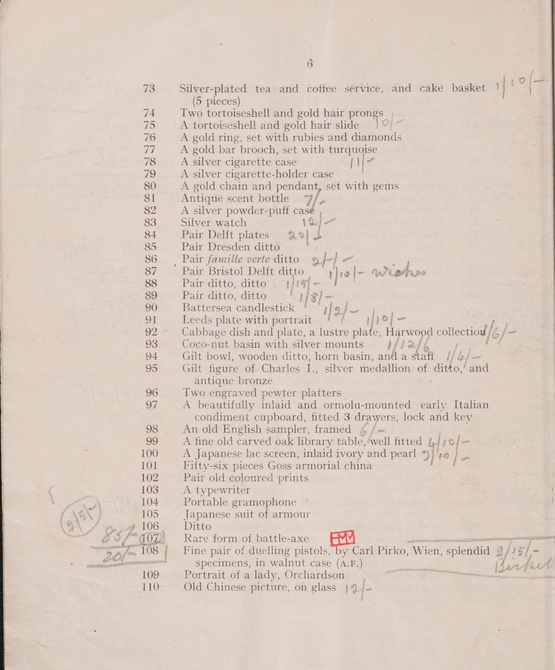 G6 73 Silver-plated tea. and coffee service, and cake basket |! | ie | (5 pieces) 74 Two tortoiseshell and gold hair pr soaps 75 A tortoiseshell and gold hair slide 76 A gold ring, set with rubies and diamonds 77 A gold bar brooch, set with turquoise 78 A silver cigarette case hige 79 A silver cigarette-holder case 80 A gold chain and pendant set with gems 81 Antique scent bottle af yy 82 A silver powder-puff casé , 83 Silver watch 1% |e 84 Pair Delft plates (4) 3 85 Pair Dresden ditto 1 86 Pair famille verte ditto 9J-] - 3 87 Pair Bristol Delft ditto } ial—- WisAisee 88 Pair ditto, ditto’. 3/147 « . 89 Pair ditto, ditto | 1/8) - _ 90 Battersea candlestick 2. ene ae ne Leeds plate with portrait (lel 92 Cabbage dish and plate, a lustre plate, Harw ood collection / 93 Coco-nut basin with silver mounts bib ac ‘ 94 Gilt bowl, wooden ditto, horn basin, and a Aah / b/ 95 Gilt figure of Charles ta silver medallion of ditto, ! ia antique bronze 96 Two engraved pewter platters 97 A beautifully inlaid and ormolu-mounted early Italian condiment cupboard, fitted 3 drawers, lock and key 98 An old English sampler, framed 4 / = vee A fine old carved oak library table,/well fitted {,) [jo 100 A Japanese lac screen, inlaid ivory and pearl *}} pe {: ik 101 Fifty-six pieces Goss armorial china , 102 Pair old coloured prints 103 A typewriter 104 Portable gramophone 105 Japanese suit of armour e106... Ditto J 4 eed t | x Sc ea) rn Fine pair of duelling pistols, by Carl Pirko, “Wien, aplameid: 4/ £7 Fee et ee specimens, in walnut case (A.F.) eae [oat fisA 109 Portrait of alady, Orchardson — , ho ee . et 110 Old Chinese picture, on glass j{4/~ 