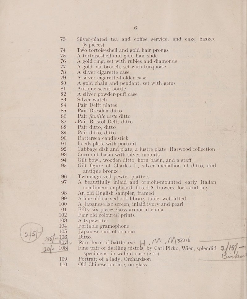 Silver-plated tea and coffee service, and cake basket (5 pieces) Two tortoiseshell and gold hair prongs A tortoiseshell and gold hair slide A gold ring, set with rubies and diamonds © A gold bar brooch, set with turquoise A silver cigarette case A silver cigarette-holder case A gold chain and pendant, set with gems Antique scent bottle A silver powder-puff case Silver watch Pair Delft plates Pair Dresden ditto Pair famille verte ditto Pair ditto, ditto Pair ditto, ditto Battersea candlestick Leeds plate with portrait Cabbage dish and plate, a lustre plate, Harwood collection Coco-nut basin with silver mounts Gilt bowl, wooden ditto, horn basin, and a staff Gilt figure of Charles I., silver medallion of ditto, and antique bronze Two engraved pewter platters A beautifully inlaid. and ormolu-mounted early Italian condiment cupbeard, fitted 3 drawers, lock and key An old English sampler,. framed A fine old carved oak library table, well fitted A Japanese.lac screen, inlaid ivory and pearl Pair old coloured prints A typewriter Portable gramophone Japanese suit of armour Ditto ace eape Rare form of battle-axe Ha /(\\ Maik ee Ne ; Fine pair of dwelling pistols, by Carl Pirko, Wien, splendid 2 ris) ot specimens, in walnut case (A.F.) Portrait of a lady, es Old Chinese picture, on glass 15 od Pad   
