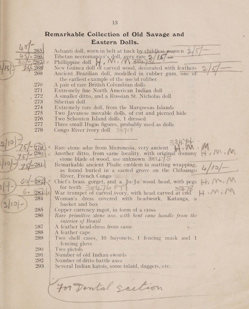  Philippine doll s : New Guinea doll of eee Ws ame ae ae a) 4 — Ancient Brazilian doll, modelled in rubber gum, “one of the earliest example of the use ‘of rubber A pair of rare British Columbian dolls I-xtremely fine North American Indian doll A smaller ditto, and a Russian St. Nicholas doll Siberian doll Extremely rare doll, from the Mee iieeds Islands Two Javanese movable dolls, of cut and pie hide Two Schouten Island dolls, 1 dressed - Three small Hugas ne ore, obey used as dolls Congo River ivory doll 33*}/ 2 13 ? 4 Remarkable Collection of Old Savage ead 4 Eastern Dolls. mr = Ashanti doll, worn in belt at back by.childlessjwomen 1 aff, Tibetan necromancer oll, ry. tare Q/ J yy, We WA a 3/ 4 = 2 SHEE - kare stone adze from Micronesia, very ancient beh mM m NA Another ditto, from same locality, with original ummy &amp;¢/ NN af stone blade of wood, use unknown 3®&amp;LL4- iis ek eee Remarkable ancient Phalic emblem in matting wrapping, L / ae ye as found buried in‘a sacred grove on the Eloge® ad River, French Congo = ees  2 A &gt; ot, ravi Chief's brass gorget, and. a a Ju wood head, with pes Let, Ye f VA for teeth 3x ti j b&gt; y a %eL- ) Oe NAY War trumpet of carved 3 bee with head carved a ake Ld of MS EAN  -Woman’s dress covered with beadwork, Katanga, a basket and box : Copper currency ingot, in form of a cross  286 Rare primitive stone axe, with bent cane handle from the interior of Brazil 287 A feather head-dress from same see EHR rn ashe “~ 288. | 2 feather cape 289 + Ywo shell cases, 10 -bayonets, 1 fencing mask and 1 fencing glove : 290. |. Two pistols 291. Number of old Indian swords 292 | Number of ditto battle axes 293 Several Indian katois, some inlaid, daggers, etc. ee ° LM &lt;n, ee ayes Ss ( Fer o” ona mS OS ste “wt cis Sa ARI a AIT LE UN a