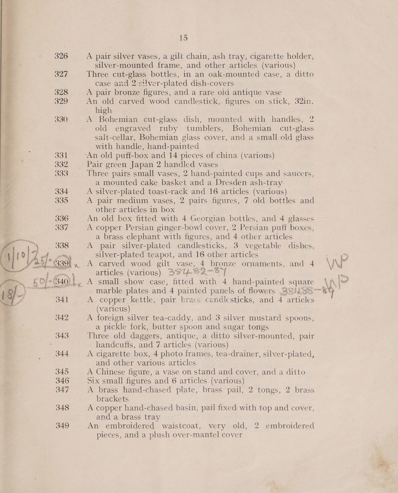  ~ 332 333 334 335  lod be A pair silver vases, a gilt chain, ash tray, cigarette holder, silver-mounted frame, and other articles (various) Three cut-glass bottles, in an oak-mounted case, a ditto case and 2 s!lver-plated dish-covers A pair bronze figures, and a rare oid antique vase An old carved wood candlestick,. figures on stick, 32in. high A Bohemian cut-glass dish, mounted with handles, 2 old engraved ruby tumblers, Bohemian cut-glass salt-cellar, Bohemian glass cover, and a small old glass with handle, hand-painted Three pairs small vases, 2 hand-painted cups and saucers, ~a mounted cake basket and a Dresden ash-tray A silver-plated toast-rack and 16 articles (various) A pair medium vases, 2 pairs figures, 7 old bottles and other articles in box . An old box fitted with 4 Georgian bottles, and 4 glasses a brass elephant with figures, and 4 other articles A pair silver-plated candlesticks, 3 vegetable dishes, silver-plated teapot, and 16 other articles A carved wood gilt vase, 4 baonge ornaments, and 4 articles (various) SYUe-S2 A small show case, fitted anh 4 hand- -painted square sen, = a A copper kettle, pair brass candlesticks, and 4 articles (varicus) A foreign silver tea-caddy, and 3 silver mustard spoons, a pickle fork, butter spoon and sugar tongs Three old daggers, antique, a ditto silver-mounted, pair handcuffs, and 7 articles (various) A cigarette box, 4 photo frames, tea-drainer, silver-plated, and other various articles A Chinese figure, a vase on stand and cover, and a ditto Six small figures and 6 articles (various) brackets A copper hand-chased basin, pail fixed with top and cover, and a brass tray An embroidered waistcoat, very old, 2 embroidered pieces, and a plush over-mantel cover