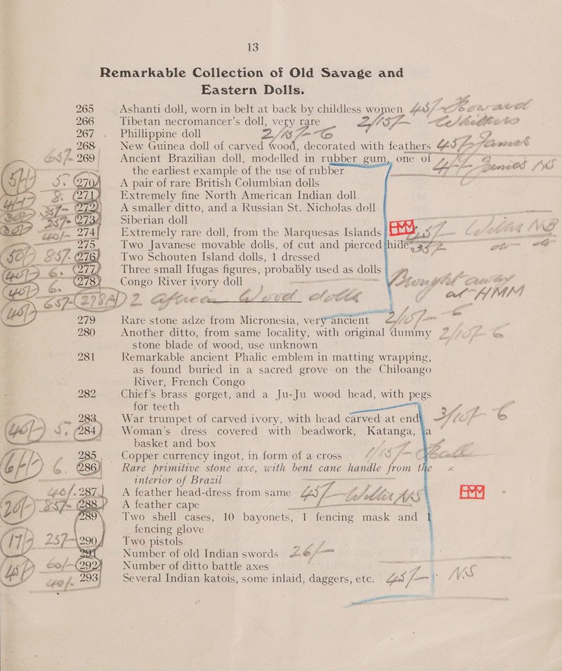Remarkable Collection of Old Savage and Eastern Dolls. 965 Ashanti doll, worn in belt at back by childless women Hs/ ee ued oe 266 Tibetan necromancer’s doll, very qgre 2/? &lt;) a Cp Ske Let Philippine doll 2) Ks Jn pss New Guinea doll of carved ood, decorated with fe athers OS LaF poate Ancient Brazilian doll, modelled in rubber gum, one ol 4, Ay” . eae the earliest example of the use of rubber [2S Fa ee Ws A pair of rare British Columbian dolls oa Extremely fine North American Indian doll. A smaller ditto, and a Russian St. Nicholas doll _ Siberian doll , ° Z Extremely rare doll, from the Marquesas iia bidet, 5 A Two Javanese movable dolls, of cut and pierced thidés 333 oe Two Schouten Island dolls, 1 dressed : Three small Ifugas figures, probably ae as dolls : Congo River 1 ivory Gio Mey cco. - eg? 7 2 gee ; er? te oy a « it 23; € Coffee ¢22_ G. &amp; GX   a gee EO 9 fa 7 “ kare stone adze fois Micronesia, verfancient 6/0 /— ees | Another ditto, from same locality, with original dummy - Dif &amp; stone blade of wood, use unknown | i 281 Remarkable ancient Phalic emblem in mat ting wrapping, as found buried in a sacred grove on the Chiloango River, French Congo 282 Chief's brass gorget, and a Ju-Ju wood head, with pegs for teeth &gt;. ,y, | a Oy ete War trumpet of carved ivory, with head carved at end) —7/Zef~ e 7 &gt; /284) Woman's dress covered with beadwork, ae ee ———— basket and box   fs 4  » 285, Copper currency ingot, in form of a cross OS fA a 286) Rare primitive shone axe, with bent cane handle from 1 - cman intertor of Brazil . Er ei | 26.287 A feather head-dress from same YS f- pom AY °  Two shell cases, 10 bayonets, mE ee mask and fencing glove Two pistols ra Number of old Indian swords #@f fy 337- Gee A feather cape YE ha ad ) B87 Gabe Number of ditto battle axes — tes Phe tw. Ase Several Indian katois, some inlaid, daggers, etc. Zod fan fF  pre IN Pn iil a 