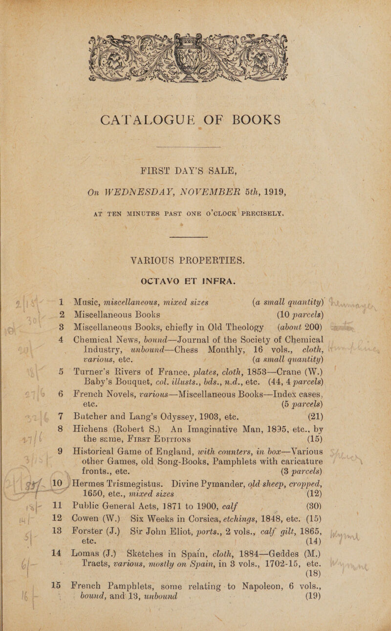      FIRST DAY'S SALE, On WEDNESDAY, NOVEMBER bth, 1919, AT TEN MINUTES PAST ONE O'CLOCK PRECISELY. EY [iN VARIOUS PROPERTIES. OCTAVO ET INFRA. 2 Miscellaneous Books — (10 parcels) © 3 Miscellaneous Books, chiefly in Old Theology (about 200) 4 Chemical News, bound—Journal of the Society of Chemical Industry, uwnbound—Chess Monthly, 16 vols., cloth, © various, ete. Bree (a small quantity) 5 Turner’s Rivers of France, plates, cloth, 1853—Crane (W.) Baby’s Bouquet, col. illusts., bds., n.d., ete. (44, 4 parcels). 6 French Novels, various—Miscellaneous Books—Index cases, etc. (5 parcels) 7 Butcher and Lang’s Odyssey, 19038, etc. (21) 8 Hichens (Robert 8.) An Imaginative Man, 1895, etc., by the seme, First Eprrions (15) 9 Historical Game of England, with counters, in box—Various — other Games, old Song-Books, Pamphlets with caricature . fronts., ete. (3 parcels) (10) Hermes Tr ismegistus. Divine i ane old aes cr ropped, = 1650, ete., mined sizes, | : (12) 11 Public pi hceu Acts, 1871 to 1900, calf ; 4 SABO) 12 Cowen (W.) Six Weeks in Corsica, etchings, 1848, etc. (15) ete. (14) 14 Lomas (J.) Sketches in Spain, cloth, “1984—Geddes (M.) | Tracts, various, mostly on Spain, in 3 vols., 1702-15, ete. ee (18) - bound, and\13, unbound (19)