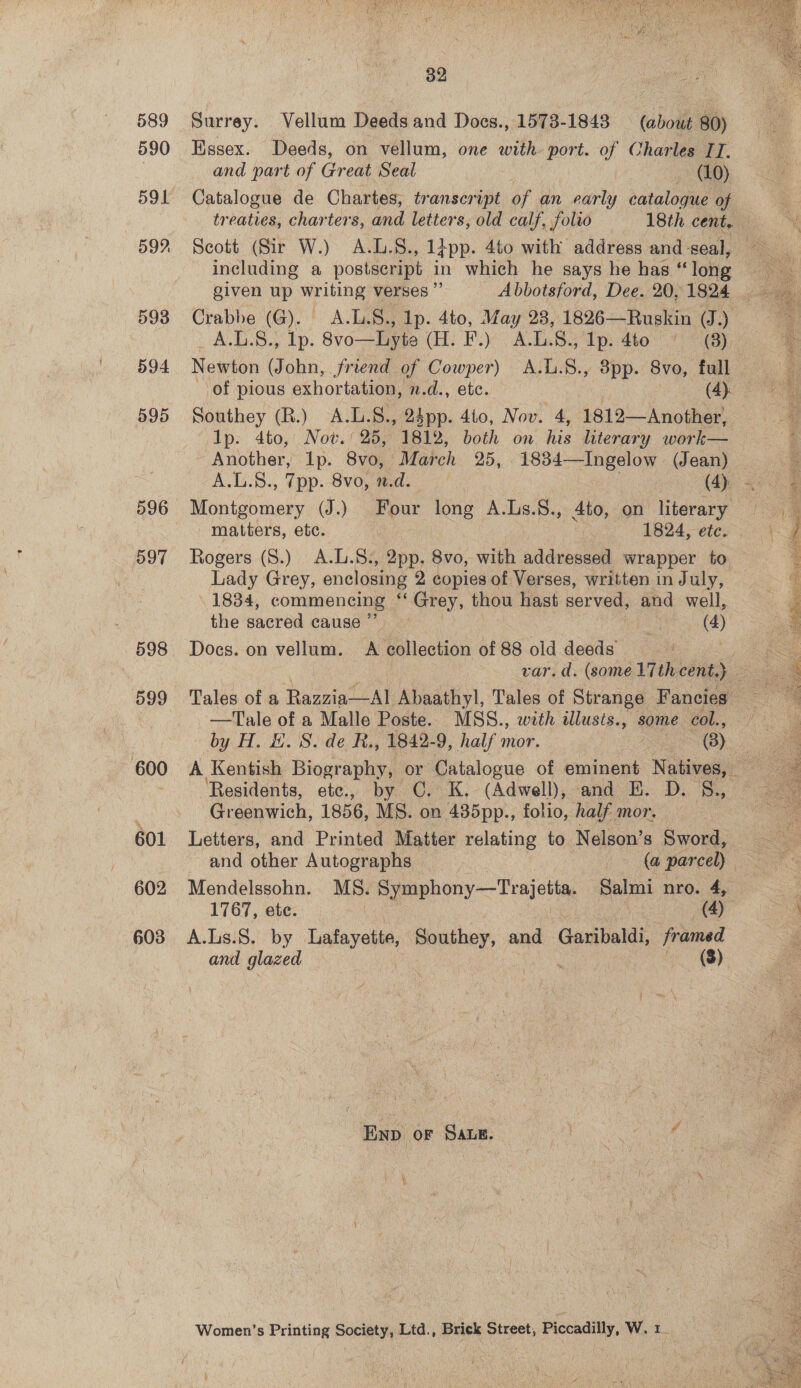 589 590 591 59? 593 594 595 596 597 598 599 600 601 602 603 39 | se, Surrey. Vellum Deedsand Does., 1573-1843 (about 80) Essex. Deeds, on vellum, one with port. of Charles IT. and part of Great Seal GD) Catalogue de Chartes, transcript of an early catalogue of Scott (Sir W.) A.L.S., 1}pp. 4to with address and seal, including a postscript in which he says he has “long given up writing verses ” Abbotsford, Dee. 20, 1824 Crabbe (G). A.L.S., Ip. 4to, May 28, 1826-—Ruskin (J.) A.L.S., lp. 8vo—Lyte (H: F.) A.L.8.;,'Ip. 4t0°'.“' ~ (8) Newton (John, friend of Cowper) A.L.8., 3pp. 8vo, full of pious exhortation, n.d., etc. (4): Ip. 4to, Nov.’ 25, 1812, both on his literary work— Another, 1p. 8vo, March 25, 1834—-Ingelow (Jean) A.L.8., Tpp. 8vo, n.d. (4) Montgomery (J.) Four long A.Ls.&amp;., 459, on literary Rogers (S.) A.L.S., 2pp. 8vo, with addressed wrapper to Lady Grey, enclosing 2 copies of Verses, written in July, 1834, commencing ‘Grey, thou hast served, and well, the sacred cause ’ Bees sk (4) Docs. on vellum. A collection of 88 old deeds’ —Tale of a Malle Poste. MSS., with illusts., some col., by H. #. S. de R., 1842-9, half mor. 3 (3) ‘Residents, etc., by CO. K. (Adwell), and E. D. §&amp;., Greenwich, 1856, MS. on 435pp., folio, half mor. Letters, and Printed Matter relating to Nelson’s Sword, Mendelssohn. MS. Symphony—Trajetta, Salmi nro. 4, A.Ls.S. by Lafayette, Southey, and Garibaldi framed and glazed : (8) END oF SALE. ¥ Women’s Printing Society, Ltd., Brick Street, Piccadilly, W. 1.      