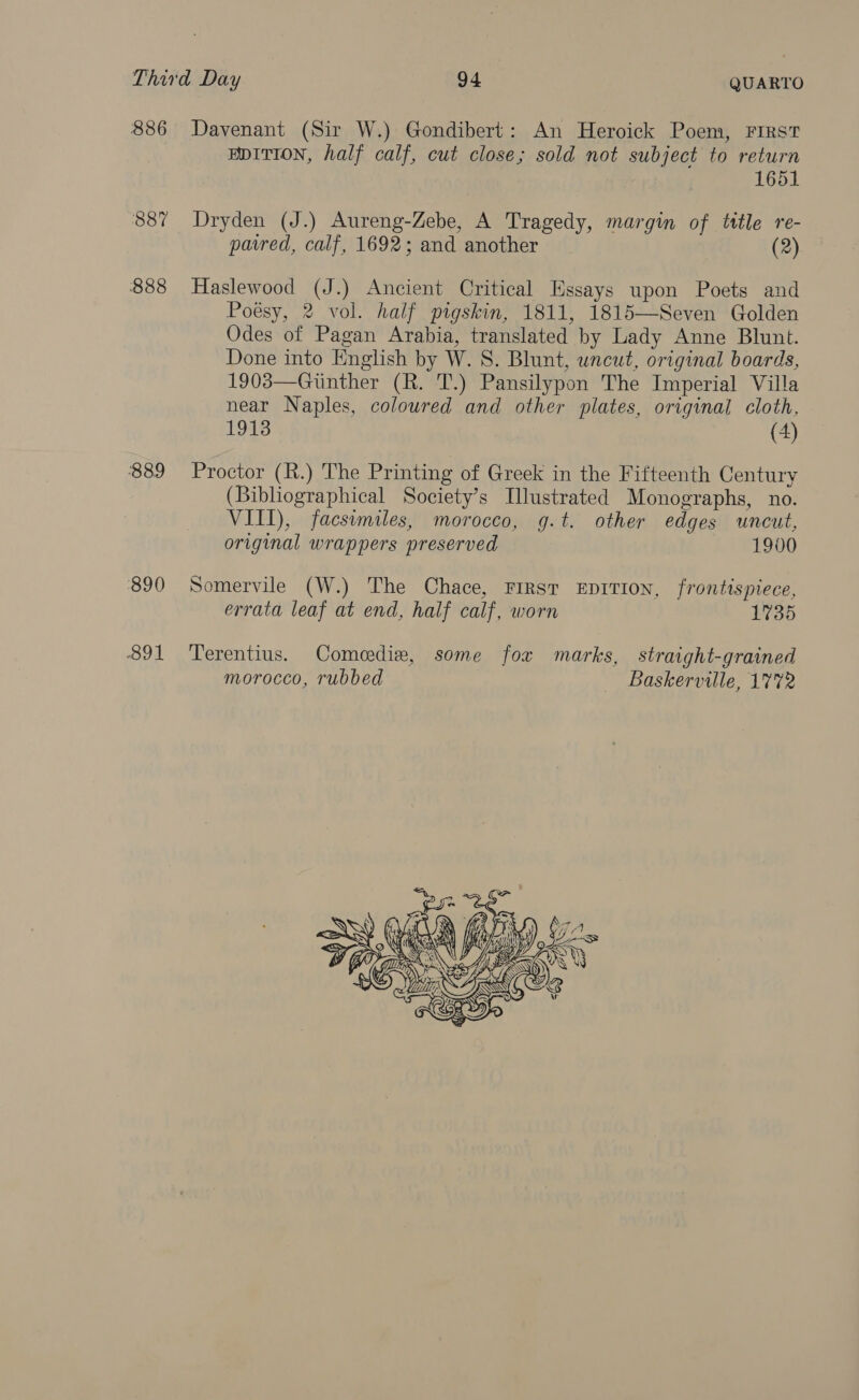 887 888 889 890 891 EDITION, half calf, cut close; sold not subject to return 1651 Dryden (J.) Aureng-Zebe, A Tragedy, margin of title re- pavred, calf, 1692; and another (2) Haslewood (J.) Ancient Critical Essays upon Poets and Poésy, 2 vol. half pigskin, 1811, 1815—Seven Golden Odes of Pagan Arabia, translated by Lady Anne Blunt. Done into English by W. S. Blunt, uncut, original boards, 1903—Ginther (R. T.) Pansilypon The Imperial Villa near Naples, coloured and other plates, original cloth, 1913 (4) Proctor (R.) The Printing of Greek in the Fifteenth Century (Bibliographical Society’s Illustrated Monographs, no. VITT), facsimiles, morocco, g.t. other edges uncut, original wrappers preserved 1900 Somervile (W.) The Chace, First EDITION, frontispiece, errata leaf at end, half calf, worn 1735 Terentius. Comedie, some fox marks, straight-grained morocco, rubbed Baskerville, 1%7%2 