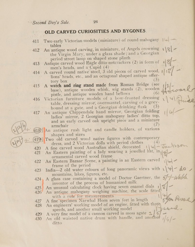 OLD CARVED CURIOSITIES AND BYGONES. 411 ‘Two early Victorian models (miniature) of round mahogany | 4 = | tables rhe 7 , 412 An antique wood carving, in miniature, ot Angels crowning \R| Pe the Virgin Mary, under a glass shade; and a Georgian period street lamp on shaped stone plinth 413 Antique carved wood Eagle ditto nutcrackers (2) in form of \3[- ‘men’s heads, and a Cupid (4) | 414. A carved round native stool, 3 old pieces of carved wood, | hd = lions’ heads, etc., and’ an octagonal shaped antique offer- tory box (5) | 415 A watch and ring stand made from Roman Bridge (see )/9 /_ | base), antique wooden whisk, wig stands (2), wooden 4¥ Ly y-tem 0 pistle, and antique wooden hand bellows (6 ; A16 Victorian furniture models of a bow-fronted dressing NWA a table, dressing mirror, overmantel, carving of a grey- [ hound at a gate, and a Georgian drinking flask (5) j 417 An antique Chippendale hand mirror, Georgian folding | Gf ladies’ mirror, 2 Georgian mahogany ladies’ ditto top, =! © and an early carved oak upright piece and a miniature armchair i (7) shapes and sizes dress, and 2 Victorian dolls with period clothes (4.95.4 420 A fine carved wood Australian shield, decorated 1\4\— Ope NOS es 421 An Eastern painting of a lady wearing a jewelled h t, in) ts ornamental carved wood frame 8] 422 An Eastern Bazaar Scene, a painting in an Eastern carved \)\ il frame of the period é 423 India—2 old water colours of long panoramic views with i\4|- do y | mountains, lakes, figures, etc. ; 424, A glass case containing a model of Doctor Gaertner, the 51-]-Webele inventor of the process of humanized milk | ! x 425. An unusual calculating clock having seven enamel dials i\ ~ 426 An antique mahogany weighing machine, the scale fitted) with a rule for measurements are \| a ; 427 A fine Specimen Narwhal Horn seven feet in length ' 5 the Anse_€. 428 An engineers’ working model of an engine, fitted with three speeds, and another small working model I} 429 A very fine model of a cannon carved in moss agate &amp; s/ — e 430 An old waisted native drum with handle, and ano aa oF ditto /4 ey hs P) 
