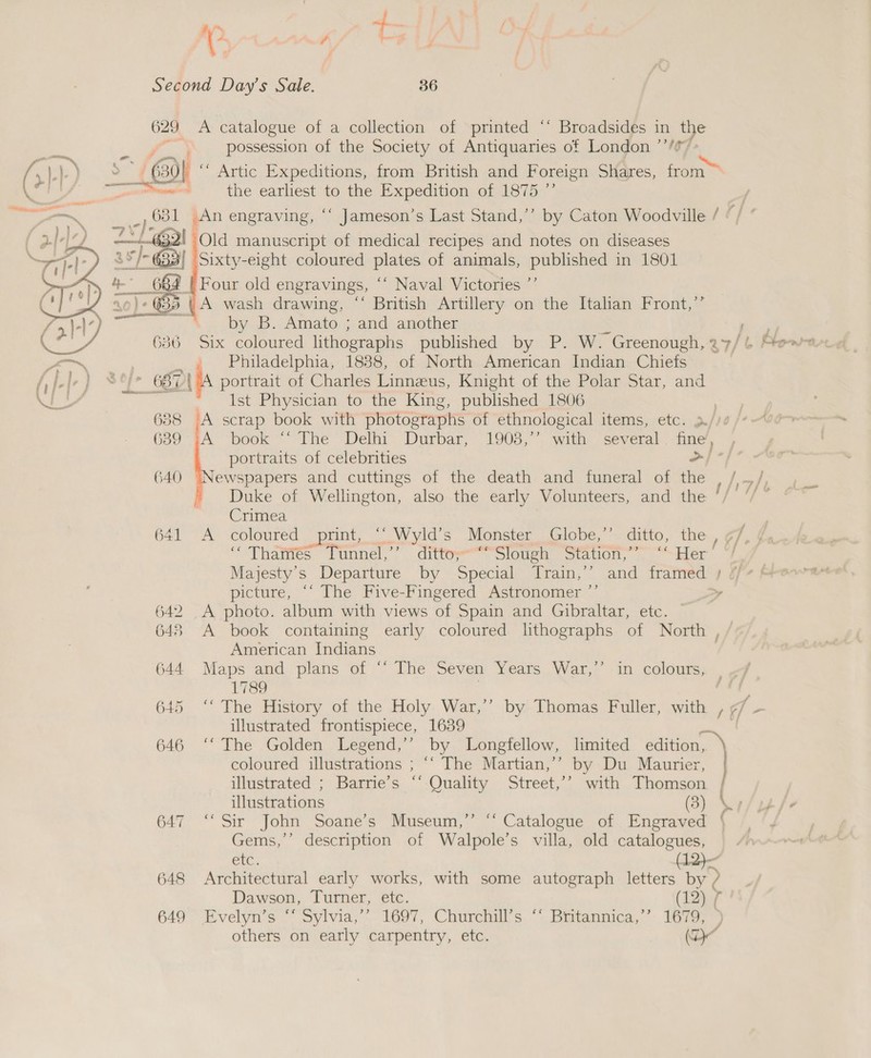  iG é . 2 7 629 A catalogue of a collection of printed “* Broadsides in the | ss possession of the Society of Antiquaries of London ’’/*” S 630) ‘““ Artic Expeditions, from British and Foreign Shares, fate ,631 An engraving, ‘‘ Jameson’s Last Stand,’’ by Caton Woodville / © / — co e ¥s ‘ ‘ : ; 2) Old manuscript of medical recipes and notes on diseases ia. @33/ Sixty-eight coloured plates of animals, published in 1801 4° 664 | Four old engravings, ‘‘ Naval Victories ”’ 4 A wash drawing, “‘ British Artillery on the Italian Front,’’ ~-\ by B. Amato ; and another ss 636 Six coloured lithographs published by P. W. . , Philadelphia, 1838, of North American Indian Chiefs ‘f° 687 3A portrait of Charles Linnzus, Knight of the Polar Star, and ~*~ Ist Physician to the King, published 1806 6388 A scrap book with photographs of ethnological items, etc. //¢ 630 BA “Dook “The Deli Durbar, 1903,,”. with several fae, 5 portraits of celebrities 6 es eo 640 (Newspapers and cuttings of the death and funeral of the , /—/, Duke of Wellington, also the early Volunteers, and the ‘/— f sg Crimea 641 “A> coloured “print, Wyid's Monmeler —islobe, ~ Cito, ihe. ¢ ie “ Thames Tunnel,” ditteeSlotgh Sfation,”. “Her 7, Majesty’s Departure by Special Train,’’ and framed » ¢/ picture, ‘‘ The Five-Fingered Astronomer ”’ y 642 A photo. album with views of Spain and Gibraltar, etc. 648 A book containing early coloured lithographs of North , American Indians . 644 Maps and plans of “‘ The Seven Years War,’’ in colours, of 1789 | omy 645 ‘‘ The History of the Holy. War,’’ by Thomas Fuller, with , ¢/ - illustrated frontispiece, 1639 — 646 ‘‘ The Golden Legend,’’ by Longfellow, limited edition, ) coloured illustrations ; “‘ The Martian,’’ by Du Maurier, | illustrated ; Barrie’s ‘‘ Quality Street,’’ with Thomson | illustrations ee 647 ‘‘ Sir John Soane’s Museum,” “‘ Catalogue of Engraved ‘ Gems,’’ description of Walpole’s villa, old catalogues,  a. CXC. 1.2)- 648 Architectural early works, with some autograph letters by / Dawson, Turner, etc. (12,7 649 Evelyn’s “ Sylvia,’ 1697, Churchill’s “‘ Britannica,’’ 1679, ) others on early carpentry, etc. (De