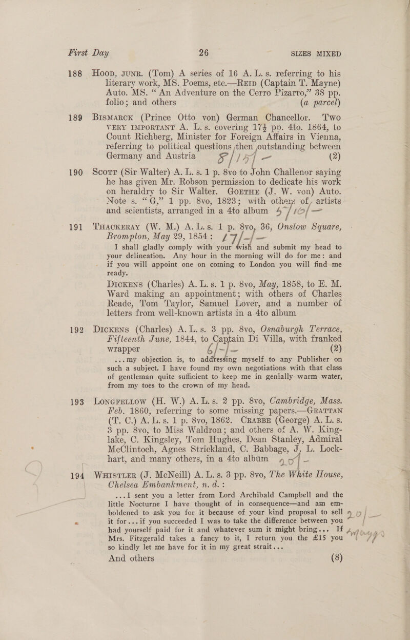 188 Hoop, sunr. (Tom) A series of 16 A. L.s. referring to his literary work, MS. Poems, ete.—Rerp (Captain T. Mayne) Auto. MS. “ An Adventure on the Cerro Pizarro,” 38 pp. folio; and others (a parcel) 189 Bismarck (Prince Otto von) German Chancellor. Two VERY IMPORTANT A. L.s. covering 174 pp. 4to. 1864, to Count Richberg, Minister for Foreign Affairs in Vienna, referring to political questions then outstanding between Germany and Austria x / / | _ (2) f 190 Scorr (Sir Walter) A. L. s. 1p. 8vo to John Challenor saying he has given Mr. Robson permission to dedicate his work on heraldry to Sir Walter. GortTHE (J. W. von) Auto. Note s. “G,” 1 pp. 8vo, 1823; with others of, artists and scientists, arranged in a 4to album 4° : tO[— 191 ‘Tackeray (W. M.) A.L.s. 1 p. 8vo, 36, Onslow Square, Brompton, May 29, 1854: f/7/—/ — I shall gladly comply with your ish and submit my head to your delineation. Any hour in the morning will do for me: and if you will appoint one on coming to London you will find me ready. Dickens (Charles) A. L.s. 1 p. 8vo, May, 1858, to EK. M. Ward making an appointment; with others of Charles Reade, Tom Taylor, Samuel Lover, and a number of letters from well-known artists in a 4to album 192 Dickens (Charles) A.L.s. 3 pp. 8vo, Osnaburgh Terrace, Fifteenth June, 1844, to Captain Di Villa, with franked wrapper ~ ] ey (2) .my objection is, to addressing myself to any Publisher on sach a subject. I have found my own negotiations with that class of gentleman quite sufficient to keep me in genially warm water, from my toes to the crown of my head. 193 Lonerettow (H. W.) A. L.s. 2 pp. 8v0o, Cambridge, Mass. Feb. 1860, referring to some missing papers.—GRATTAN (T° C.) A. Te) 1 p-. 8vo, 1862. CRABBE (George) Acs: 3 pp. 8vo, to Miss Waldron ; and others of A. W. King- lake, C. Kingsley, ‘Tom Hughes, Dean Stanley, Admiral McClintoch, Agnes Strickland, C. Babbage, J. L. Lock- hart, and many others, in a 4to album 10 y| e 194 WHuIstLER (J. McNeill) A. Ls. 3 pp. 8vo, The White House, Chelsea Embankment, n. d. : ..1 sent you a letter from Lord Archibald Campbell and the little Nocturne I have thought of in consequence—and am em- boldened to ask you for it because of your kind proposal to sell * it for...if you succeeded I was to take the difference between you had yourself paid for it and whatever sum it might bring... If Mrs. Fitzgerald takes a fancy to it, I return you the £15 you so kindly let me have for it in my great strait... And others (8)