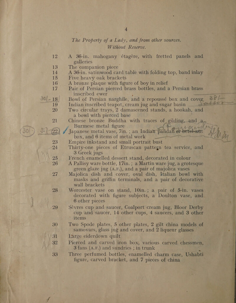 13 14 15 16 Ly: 19 20 21 23 24 29 26 pat | 28 29 4 The Property of a Lady, and from other sources. Without Reserve. A 36-in. mahogany étagére, with fretted panels and galleries The companion piece A 36-in. satinwood card table with folding top, band bed Five heavy oak brackets A bronze plaque with figure of boy in relief . Pair of Persian pierced brass bottles, and a Persian brass Bowl of Persian narghile, and a repoussé box and cover, Indian inscribed teapot, cream jug and sugar basin Two circular trays, 2 damascened stands, a hookah, and a bowl with pierced base Chinese bronze Buddha with traces of, ani and | ap Burmese metal figure 4 Japanese metal vase, 7in. ; an India pandaft o a berelnnt box, and 6 items of metal work —— Empire inkstand and small portrait bust Thirty-one pieces of Etruscan pattegn tea service, and 3 Greek jugs French enamelled dessert stand, decorated in colour A Pallisy ware bottle, 17in. ; a Martin ware jug, a grotesque green glaze jug (A.F.), and a pair of majolica vases Majolica dish and cover, oval dish, Italian bowl with masks and griffin terminals, and a pair of decorative wall brackets Worcester vase on stand, 10in.; a pair of 5-in. vases 6 other pieces Sevres cup and saucer, Coalport cream jug, Bloor Derby cup and saucer, 14 other cups, 4 saucers, and 3 other ‘ items Two Spode plates, 5 other plates, 2 gilt china models of samovars, glass jug and cover, and 2 liqueur glasses Large eiderdown quilt 3 fans (A.F.) and sundries ; in trunk Three perfumed bottles, enamelled charm case, Ushabti figure, carved bracket, and 7 pieces of china 3P/— tee] } i MA Ay er  ee
