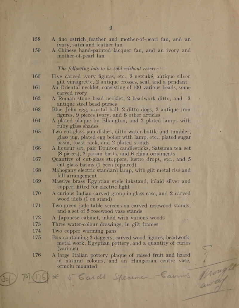 158  9 A fine ostrich feather and mother-of-pearl fan, and an ivory, satin and feather fan A Chinese hand-painted lacquer fan, and an ivory and mother-of-pearl fan The following lots to be sold wiihout reserve :— Five carved ivory figures, etc., 3 netsuké, antique silver gilt vinaigrette, 2 antique crosses, seal, and a pendant An Oriental necklet, consisting of 100 various beads, some carved ivory A Roman stone bead necklet, 2 beadwork ditto, and 3 - antique steel bead purses Blue John egg, crystal ball, 2 ditto dogs, 2 antique iron figures, 9 pieces ivory, and 8 other articles A plated plaque: by Elkington, and 2 plated lamps with ruby glass shades Two cut-glass jam dishes, ditto water-bottle and tumbler, glass jug, plated egg boiler with lamp, etc., plated sugar basin, toast rack, and 2 plated stands A liqueur set, pair Doulton candlesticks, Satsuma tea set (8 pieces), 2 parian busts, and 6 china ornaments Quantity of cut-glass stoppers, lustre drops, etc., and 5 cut-glass basins (1 been repaired) Mahogany electric standard lamp, with gilt metal rise and fall arrangement Massive brass Egyptian style ies cath inlaid silver and — copper, fitted for electric light A curious Indian carved group in glass case, and 2 carved wood idols (1 on stand) Two green jade table screens on carved rosewood stands, and a set of 5 rosewood vase stands A Japanese cabinet, inlaid with various woods Three water-colour drawings, in gilt frames Two copper warming pans Box containing 2 daggers, carved wood figures, beadwork, metal work, Egyptian pottery, anda qu ADLY of curios (various) in natural colours, and an Hungarian centre vase, ormolu mounted t of 4 No G47)