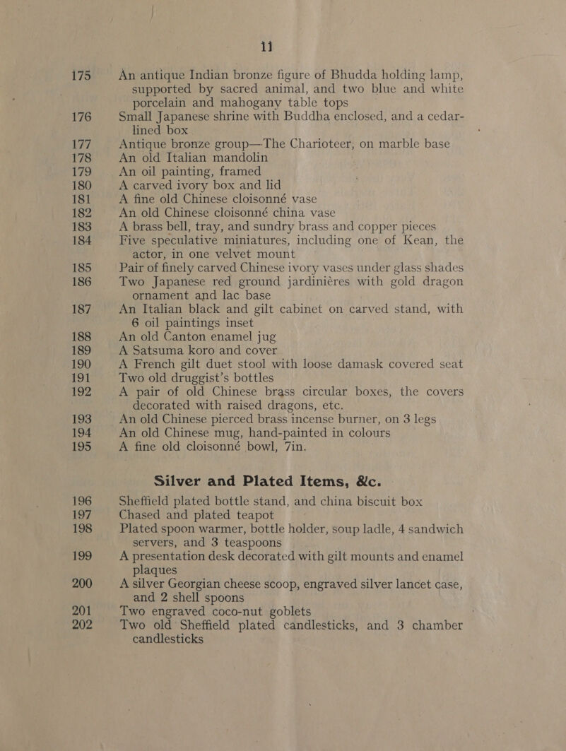 175 176 177 178 179 180 181 182 183 184 185 186 187 188 189 190 191 192 193 194 195 196 197 198 199 200 201 202 1] An antique Indian bronze figure of Bhudda holding lamp, supported by sacred animal, and two blue and white porcelain and mahogany table tops Small Japanese shrine with Buddha enclosed, and a cedar- lined box. Antique bronze group—The Charioteer, on marble base An old Italian mandolin A carved ivory box and lid A fine old Chinese cloisonné vase An old Chinese cloisonné china vase A brass bell, tray, and sundry brass and copper pieces Five speculative miniatures, including one of Kean, the actor, in one velvet mount Pair of finely carved Chinese ivory vases under glass shades Two Japanese red ground jardinieres with gold dragon ornament and lac base An Italian black and gilt cabinet on carved stand, with 6 oil paintings inset An old Canton enamel jug A Satsuma koro and cover A French gilt duet stool with loose damask covered seat Two old druggist’s bottles A pair of old Chinese brass circular boxes, the covers decorated with raised dragons, etc. An old Chinese pierced brass incense burner, on 3 legs An old Chinese mug, hand-painted in colours A fine old cloisonné bowl, 7in. Silver and Plated Items, &amp;c. Sheffield plated bottle stand, and china biscuit box Chased and plated teapot Plated spoon warmer, bottle holder, soup ladle, 4 sandwich servers, and 3 teaspoons A presentation desk decorated with gilt mounts and enamel plaques A silver Georgian cheese scoop, engraved silver lancet case, and 2 shell spoons Two engraved coco-nut goblets . Two old Sheffield plated candlesticks, and 3 chamber candlesticks