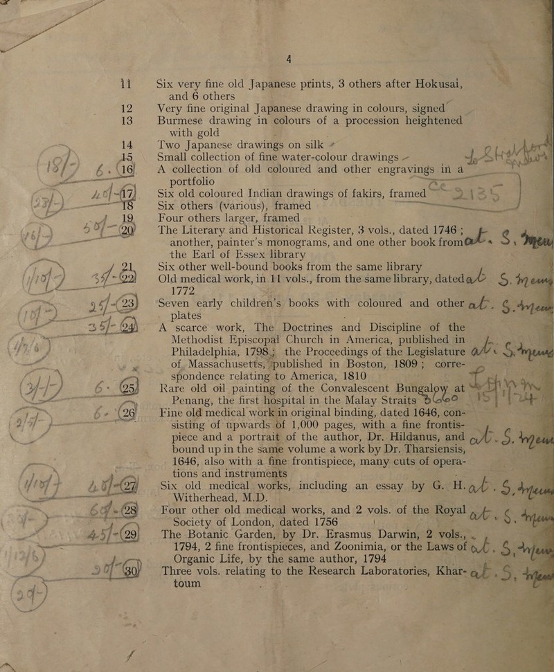 we? 4 Six very fine old Japanese prints, 3 others after Hokusai, Very fine original Japanese drawing in colours, signed’ Burmese drawing in colours of a procession heightened with gold : Two Japanese drawings on silk Ot, 3jAP Small collection of fine water- coe drawings ~ “ome Ae A collection of old coloured and other cee in 1 a pre RORE portfolio Six old coloured Indian drawings of fakirs, framed ~ s § &lt;, 2 Six others (various), framed Four others larger, framed The Literary and Historical Register, 3 vols., dated 1746 ; s S, another, painter’s monograms, and one other book from the Earl of Essex library Six other well-bound books from the same library : 1772 Seven early children’s books oa coloured and other af, oe : | plates Beak en ina    A scarce work, The Doctrines and Discipline 40f “tie= = oa Methodist Episcopal Church in America, published in Pers = Philadelphia, 1798; the Proceedings of the Legislature . “7 of, Massachusetts, “published in Boston, 1809; corre- spondence relating to America, 1810 8 Kare old on painting of the Convalescent eee OLS at na Penang, the first hospital in the Malay Straits Fine old medical work in original binding, dated 1646, con- sisting of upwards of 1,000 pages, with a fine frontis- piece and a portrait of the author, Dr. Hildanus, and bound up in the same volume a work by Dr, Tharsiensis, 1646, also with a fine frontispiece, many cuts of opera- tions and instruments Witherhead, M.D. Four other old medical works, and 2 vols. of the Royal ot or Society of London, dated 1756 a The Botanic Garden, by Dr. Erasmus Darwin, ae vols., ., . 1794, 2 fine frontispieces, and Zoonimia, or the Laws of W 2 § ayes Organic Life, by the same author, 1794 4 Three vols. relating to the Research Laboratories, Khar- ab. 5, toum