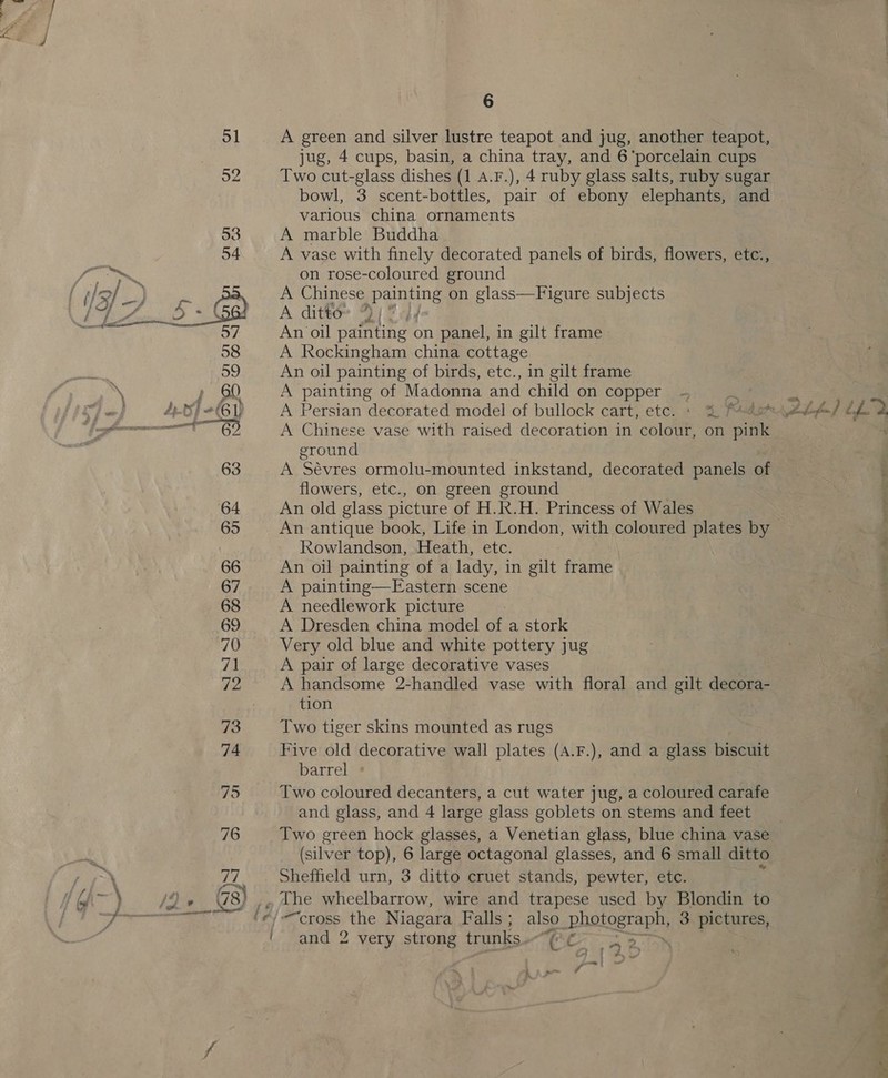 A green and silver lustre teapot and jug, another teapot, jug, 4 cups, basin, a china tray, and 6 ‘porcelain cups Two cut-glass dishes (1 A.F.), 4 ruby glass salts, ruby sugar bowl, 3 scent-bottles, pair of ebony elephants, and various china ornaments A marble Buddha A vase with finely decorated panels of birds, flowers, etc., on rose-coloured ground A Chinese eye on glass—Figure subjects A ditté= 9) 744 An oil painting on panel, in gilt frame A Rockingham china cottage An oil painting of birds, etc., in gilt frame A painting of Madonna and child on copper A Chinese vase with raised decoration in colour, on pink ground A Sévres ormolu-mounted inkstand, decorated panels of flowers, etc., on green ground An old glass picture of H.R.H. Princess of Wales An antique book, Life in London, with coloured plates by Rowlandson, Heath, etc. An oil painting of a lady, in gilt frame A painting—FEastern scene A needlework picture A Dresden china model of a stork Very old blue and white pottery jug A pair of large decorative vases A handsome 2-handled vase with floral and gilt decora- tion Two tiger skins mounted as rugs Five old decorative wall plates (A.F.), and a glass biscuit barrel Two coloured decanters, a cut water jug, a coloured carafe and glass, and 4 large glass goblets on stems and feet Two green hock glasses, a Venetian glass, blue china vase (silver top), 6 large octagonal glasses, and 6 small ditto Sheffield urn, 3 ditto cruet stands, pewter, etc. “cross the Niagara Falls ; also photograph, 3. pictures, and 2 very strong trunks Gre ”“ rs : , | Pd ~&gt; ~~ a pF | aa woe ‘ - Fa ~ o&gt;