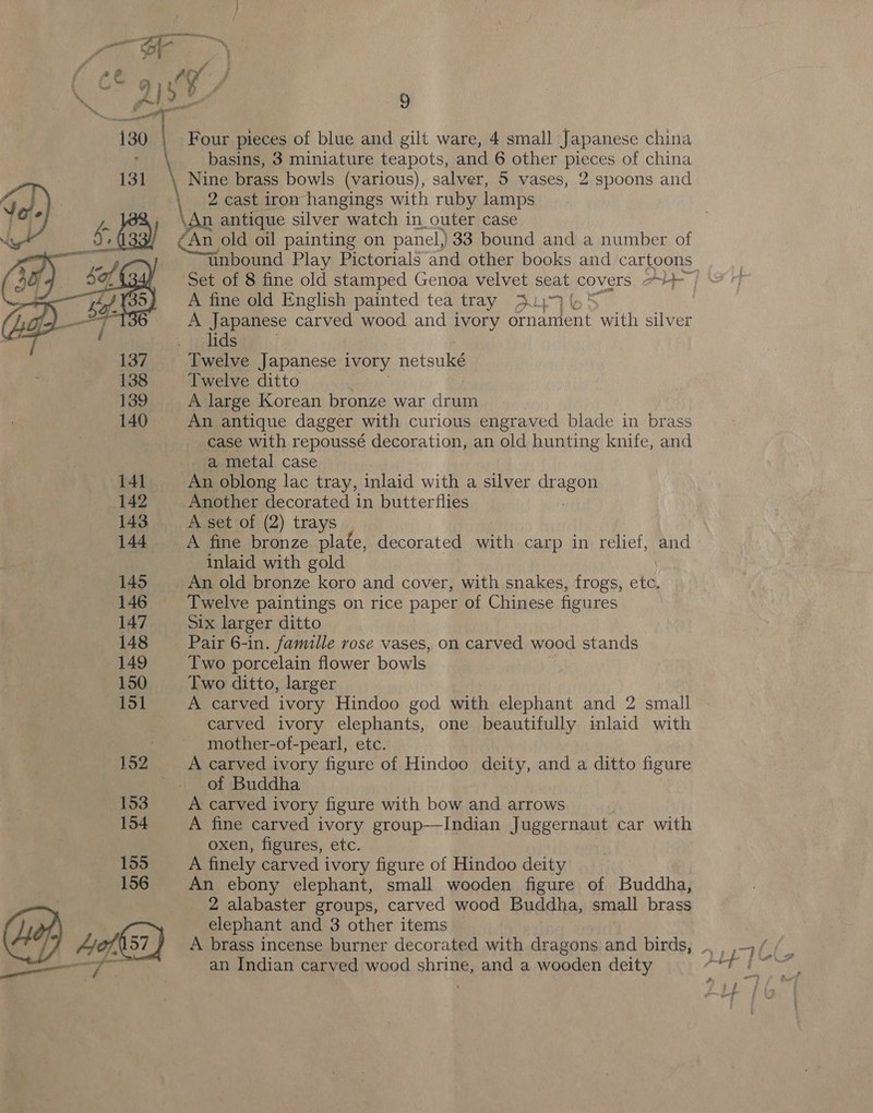 Fy di s AE; t, f gist 9 \ = a 130 Four pieces of blue and gilt ware, 4 small Japanese china basins, 3 miniature teapots, and 6 other pieces of china We brass bowls (various), salver, 5 vases, 2 spoons and 2 cast iron hangings with ruby lamps Al antique silver watch in outer case Nee old oil painting on panel) 33 bound and a number of abound Play Pictorials and other books and cartoons Set of 8 fine old stamped Genoa velvet seat covers ah A fine old English painted tea tray Siyq eS A Japanese carved wood and ivory ornament with silver lids Twelve Japanese ivory netsukeé Twelve ditto A large Korean bronze war drum 140 An antique dagger with curious engraved blade in brass case with repoussé decoration, an old hunting knife, and a metal case 141 An oblong lac tray, inlaid with a silver pet 142 Another decorated in butterflies 143 A set of (2) trays  144 A fine bronze plate, decorated with carp in relief, and inlaid with gold 145 An old bronze koro and cover, with snakes, frogs, etc. 146 Twelve paintings on rice paper of Chinese figures 147 Six larger ditto 148 Pair 6-in. famille rvose vases, on carved wood stands 149 Two porcelain flower bowls 150 Two ditto, larger 151 A carved ‘ivory Hindoo god with elephant and 2 small carved ivory elephants, one beautifully inlaid with mother-of-pearl, etc. 152 A carved ivory figure of Hindoo deity, and a ditto figure of Buddha 153 A carved ivory figure with bow and arrows 154 A fine carved ivory group—Indian Juggernaut car with oxen, figures, etc. 155 A finely carved ivory figure of Hindoo deity 156 An ebony elephant, small wooden figure of Buddha, @) 2 alabaster groups, carved wood Buddha, small brass | elephant and 3 other items Aofks7) A brass incense burner decorated with dragons and birds, _. 2 if oir]