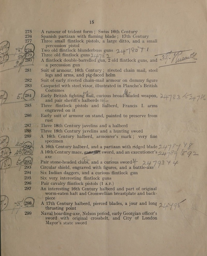     15 A ranseur of trident form ; Swiss 16th Century Spanish partizan with flaming blade; 17th Century Three small flintlock pistols, a large ditto, and a small percussion pistol Two old flintlock blunderbuss guns ~) LuU-|% Bat ee ee Three old flintlock guns 2747 ¢9 a TAK A flintlock double- barrelled gun, 2 old flintlock guns, and ® ff Vw ae a percussion gun eae ie. Suit of armour, 16th Century ; riveted chain mail, steel legs and arms, and pig-faced helm Suit of early riveted chain-mail armour on dummy figure Casquetel with steel vizor, illustrated in Planche’ s British Costumes Early British fighting fail, curious 5 broad“faded weapon, ) ng ra and pair sheriff's halberds !! a an engraved on it Early suit of armour on stand, painted to preserve from rust Three 18th Century javelins and a hunting sword A 16th Century halberd, armourer’s mark; very fine specimen Re A 16th Century halberd, and a partizan with ridged blade 2 2//« * AU. sengonp ; €} ba! Aare aXe Circular shield, engraved with figures, and a battle-axe’ Six Indian daggers, and a curious flintlock gun Six very interesting flintlock guns Pair cavalry flintlock pistols (1 A.Fr.) _worm-eaten haft and Cromwellian breastplate and back- piece y, A 17th Century halberd, pierced blades, a jour and long 2) NGS thrusting point Ties Naval boarding-axe, Nelson period, early Georgian officer’s sword with original crossbelt, and City of London Mayor’s state sword