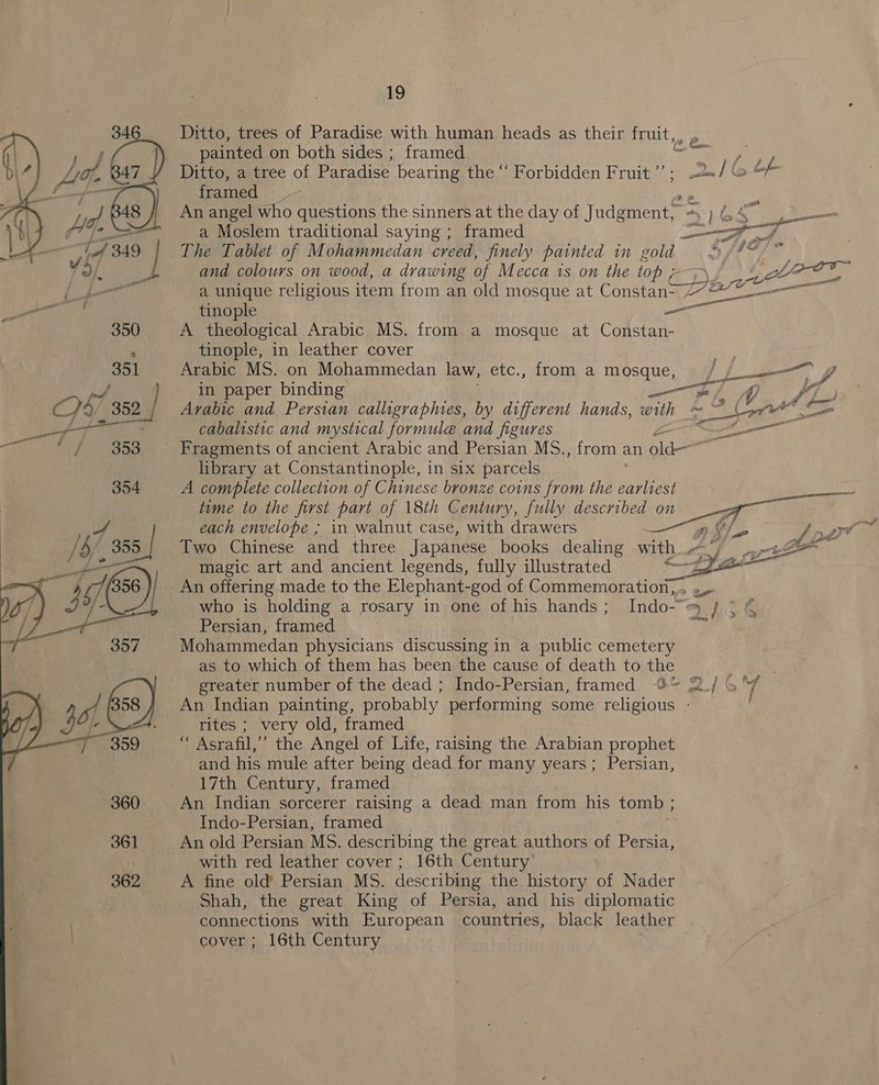 Ditto, trees of Paradise with human heads as their Trot,  | painted on both sides ; framed Cy cans Ditto, a.tree of Paradise bearing the “‘ Forbidden Fruit ”’ ; = ef (5 of framed } j An angel who questions the sinners at the day of Judgment” oe ee a Moslem traditional saying ; framed abs The Tablet of Mohammedan creed, finely painted in gold 5 /?) ~ | and colours on wood, a drawing of Mecca is on the lop ; BS ga or a unique religious item from an old mosque at Constan- Per tinople _—— 350 A theological Arabic MS. from a mosque at Constan- tinople, in leather cover  351 Arabic MS. on Mohammedan law, etc., from a mosque, 5 ae ait V4 ie } in paper binding ar 0. fir C)4/ 352 Arabic and Persian calligraphies, by different hands, pith nm espe eae cabalistic and mystical formule and figures ~~ + ‘ / 353 — Fragments of ancient Arabic and Persian MS., from ¢ an old= library at Constantinople, in six parcels 354 A complete collection of Chinese bronze coins from the earliest ee ae time to the first part of 18th Century, fully described on &lt;a each envelope ; in walnut case, with drawers —— nn Gn Two Chinese and three Japanese books dealing with Peng magic art and ancient legends, fully illustrated pla: io An offering made to the Elephant-god of Commemoration,» 2, who is holding a rosary in one of his hands ; Indo-=&gt; Loe Persian, framed Bie: Mohammedan physicians discussing in a public cemetery as to which of them has been the cause of death to the . greater number of the dead ; Indo-Persian, framed @* 2./ 57 An Indian painting, probably performing some religious - rites ; very old, framed “ Asrafil,” the Angel of Life, raising the Arabian prophet and his mule after being dead for many years; Persian, 17th Century, framed An Indian sorcerer raising a dead man from his tomb ; Indo-Persian, framed An old Persian MS. describing the great authors of bie with red leather cover; 16th Century’ A fine old Persian MS. describing the history of Nader Shah, the great King of Persia, and his diplomatic connections with European countries, black leather cover; 16th Century | 