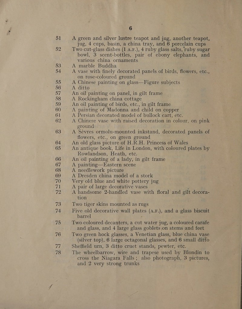 78 A green and silver lustre teapot and jug, another teapot, jug, 4 cups, basin, a china tray, and 6 porcelain cups Two cut-glass dishes (1 a.F.), 4 ruby glass salts, ruby sugar bowl, 3 scent-bottles, pair of ebony elephants, and various china ornaments A marble Buddha A vase with finely decorated panels of birds, flowers, etc., on rose-coloured ground A Chinese painting on glass—Figure subjects A ditto An oil painting on panel, in gilt frame A Rockingham china cottage An oil painting of birds, etc., in gilt frame A painting of Madonna and child on copper A Persian decorated model of bullock cart, etc. A Chinese vase with raised decoration in colour, on pink ground A Sevres ormolu-mounted inkstand, decorated panels of flowers, etc., on green ground An old glass picture of H.R.H. Princess of Wales An antique book, Life in London, with coloured plates by Rowlandson, Heath, etc. An oil painting of a lady, in gilt frame A painting—Eastern scene A needlework picture A Dresden china model of a stork Very old blue and white pottery jug A pair of large decorative vases A handsome 2-handled vase with floral and gilt decora- tion Two tiger skins mounted as rugs Five old decorative wall Bates (A.F.), and a glass biscuit barrel Two coloured decanters, a cut water jug, a coloured carafe and glass, and 4 large glass goblets on stems and feet Two green hock glasses, a Venetian glass, blue china vase (silver top), 6 large octagonal glasses, and 6 small ditto Sheffield urn, 3 ditto cruet stands, pewter, etc. The wheelbarrow, wire and trapese used by Blondin to cross the Niagara Falls; also photograph, 3 pictures, and 2 very strong trunks