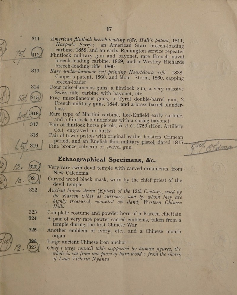   ¥7 American flintlock breech-loading rifle, Hall’s patent, 1811, Harper's Ferry; an American Starr breech-loading carbine, 1858, and an early Remington service repeater Flintlock military gun and bayonet, rare French naval breech-loading carbine, 1869, and a Westley Richards breech-loading rifle, 1860 — Rare under-hammer self-priming Heurteloup rifle, 1838, Cooper’s patent, 1860, and Mont. Storm, 1860, capping breech-loader Four miscellaneous guns, a flintlock gun, a very massive Swiss rifle, carbine with bayonet, etc. French military guns, 1844, and a brass barrel blunder- buss : : Rare type of Martini carbine, Lee-Enfield early carbine, and a flintlock blunderbuss with a spring bayonet Pair of flintlock horse pistols, H:A.C. 1759 (Hon. Artillery Co.), engraved on butts ae Pair of tower pistols with original leather holsters, Crimean Fine bronze culverin or swivel gun Ethnographical Specimens, &amp;c. Very rare twin devil temple with carved ornaments, from New Caledonia Carved wood black mask, worn by the chief priest of the devil temple Ancient bronze drum (Kyt-zi) of the 12th Century, used by the Kareen tribes as currency, and by whom they are highly treasured, mounted on stand, Western Chinese Hills | Complete costume and powder horn of a Kareen chieftain A pair of very rare pewter sacred emblems, taken from a temple during the first Chinese War . Another emblem of ivory, etc., and a Chinese mouth organ Chief's large council table supported by human figures, the whole is cut from one piece of hard wood ; from the shores of Lake Victoria Nyanza Y rd tte RET MEESTER se aay je 4 a ae | we 2 As if. ¥ ta % . J eileen