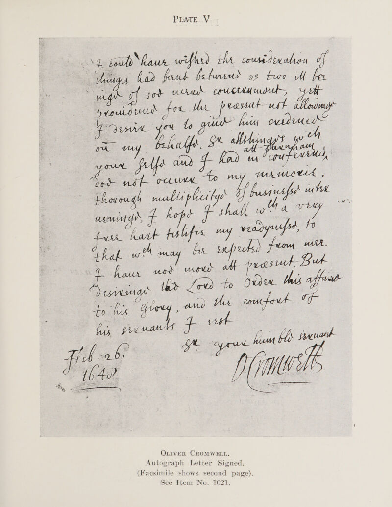  OLIVER CROMWELL. Autograph Letter Signed. (Facsimile shows second page). See Item No. 1021.