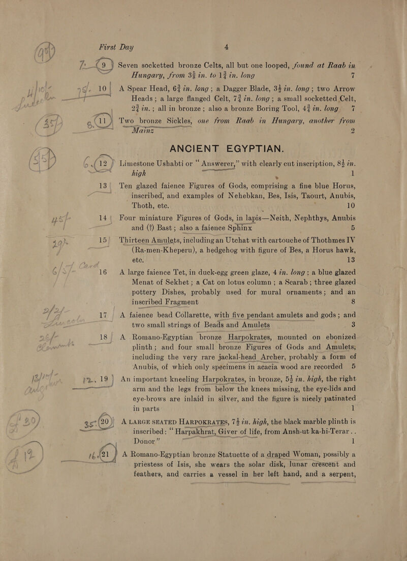 ' : 5 cj. 10{| A Spear Head, 63 in. long; a Dagger Blade, 34 in. long; two Arrow fea Heads; a large flanged Celt, 7 in. long ; a small socketted Celt, 2% in.; all in bronze; also a bronze Boring Tool, 4% in. long 7 oN 4 Ae el) Two bronze Sickles, one from Raab in Hungary, another from se Mainz 2 | » : ANCIENT EGYPTIAN. {| j me N ae a( 12 , Limestone Ushabti or “ Answerer,’ ’ with clearly cut inscription, 83 an. Rar high a) ee : 1 13 ‘Ten glazed faience Figures of Gods, comprising a fine blue Horus, inscribed, and examples of Nehebkan, Bes, Isis, Taourt, Anubis, Thoth, ete. 10 )) 14 Four miniature Figures of Gods, in lapis—Neith, Nephthys, Anubis and (?) Bast; also a faience Sphinx 5 sak 15! Thirteen Amulets, including an Utchat with cartouche of Thothmes IV 2 ati (Ra-men-Kheperu), a hedgehog with figure of Bes, a Horus hawk, ‘, ete. . 13 ( 16 A large faience Tet, in duck-egg green glaze, 4 7n. long: a blue glazed. Menat of Sekhet ; a Cat on lotus column ; a Scarab ; three glazed pottery Dishes, probably used for mural ornaments; and an inscribed Fragment 8 ‘3 17 ; A faionte bead Collarette, with five pendant amulets and gods; and . two small strings of Beads and Amulets 3 18 &lt;A Romano-Egyptian ‘bronze Harpokrates, mounted on ebonized 4 plinth; and four small bronze Figures of Gods and Amulets, including the very rare jackal- head. Archer, probably a form of Anubis, of which only specimens in acacia wood are recorded 5 ms pa.. 19 An important kneeling Harpokrates, in bronze, 54 in. high, the right eee eines arm and the legs from below the knees missing, the eye-lids and eye-brows are inlaid in silver, and the figure is nieely patinated &lt; in parts 1 a ( 20 )) A LARGE SEATED HARPOKRATES, 74 in. high, the black marble plinth is oe oT inscribed : “ Harpakhrat, Giver of life, from Ansh-ut ka-hi-Terar . ¥ Donor” 1 iN priestess of Isis, she wears the solar disk, lunar crescent and feathers, and carries a vessel in her left hand, and a serpent,