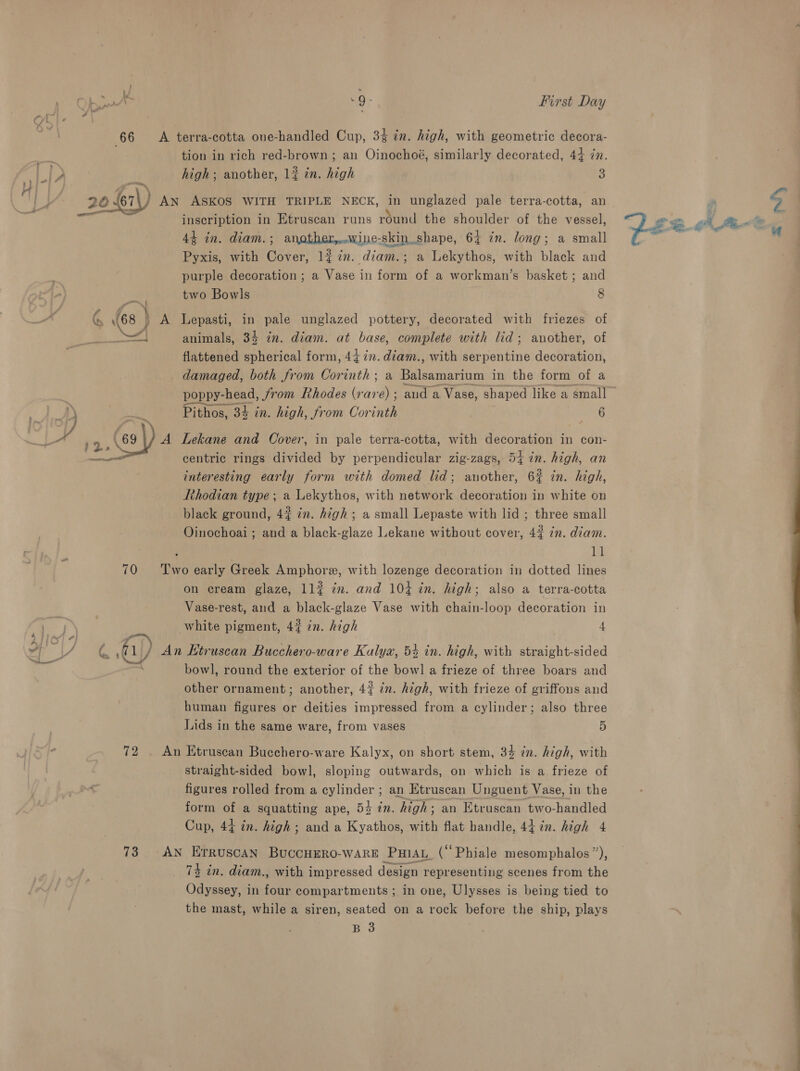 66 / : H Ss A ( 68 \ —_ 70 .@) 72 73 : 9 First Day A terra-cotta one-handled Cup, 34 in. high, with geometric decora- tion in rich red-brown ; an Oinochoé, similarly decorated, 44 in. high; another, 12 in. high 3 AN ASKOS WITH TRIPLE NECK, in unglazed pale terra-cotta, an inscription in Etruscan runs round the shoulder of the vessel, 44 in. diam. ; another,...wine-skin shape, 64 in. long; a small Pyxis, with Cover, 1{ in. diam.; a Lekythos, with black and purple decoration; a Vase in form of a workman’s basket ; and two Bowls 8 A lLepasti, in pale unglazed pottery, decorated with friezes of animals, 34 in. diam. at base, complete with lid; another, of flattened spherical form, 447. diam., with serpentine decoration, damaged, both from Corinth; a Balsamarium in the form of a Pithos, 34 in. high, from Corinth 6 A Lekane and Cover, in pale terra-cotta, with decoration in con- centric rings divided by perpendicular zig-zags, 54 in. high, an interesting early form with domed lid; another, 6% in. high, lthodian type ; a Lekythos, with network decoration in white on black ground, 4? in. high ; a small Lepaste with lid ; three small Oinochoai ; and a black-glaze Lekane without cover, 42 in. diam. ; | ll Two early Greek Amphore, with lozenge decoration in dotted lines on cream glaze, 11 7m. and 104 in. high; also a terra-cotta Vase-rest, and a black-glaze Vase with chain-loop decoration in white pigment, 42 7n. high 4 An Ktruscan Bucchero-ware Kalyz, 54 in. high, with straight-sided bowl, round the exterior of the bow] a frieze of three boars and other ornament; another, 4% in. high, with frieze of griffons and human figures or deities impressed from a cylinder; also three Lids in the same ware, from vases 5 An Etruscan Bucchero-ware Kalyx, on short stem, 34 in. high, with straight-sided bowl, sloping outwards, on which is a frieze of figures rolled from a cylinder ; an Etruscan Unguent Vase, in the form of a squatting ape, 54 in. high; an Etruscan two-handled Cup, 44 in. high ; and a Kyathos, with flat handle, 44 in. high 4 AN Erruscan Buccumro-warE Pua (Phiale mesomphalos”), 74 in. diam., with impressed design representing scenes from the Odyssey, in four compartments ; in one, Ulysses is being tied to the mast, while a siren, seated on a rock before the ship, plays 