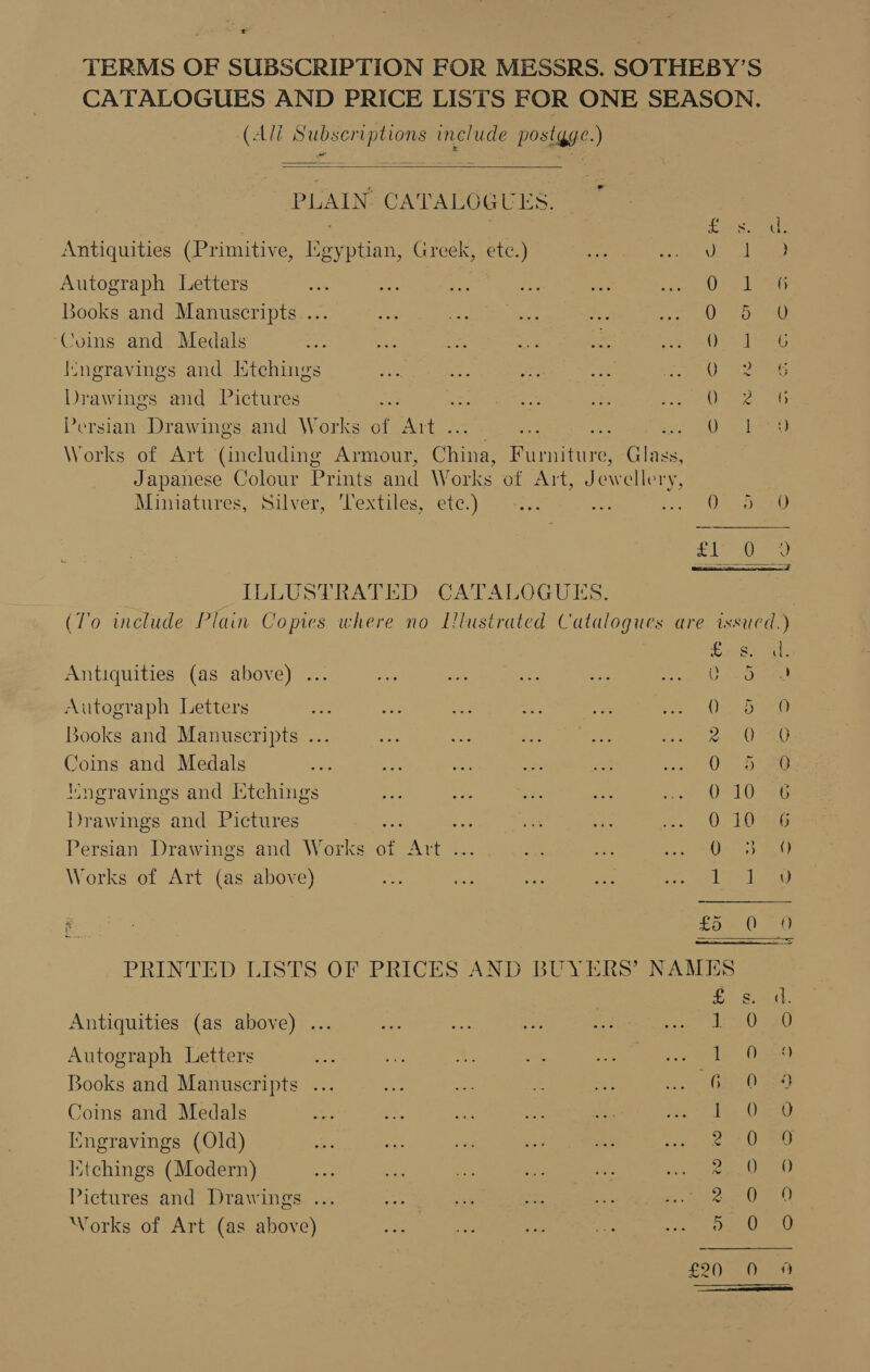 TERMS OF SUBSCRIPTION FOR MESSRS. SOTHEBY’S CATALOGUES AND PRICE LISTS FOR ONE SEASON. (Ali Subscriptions include postgge.)  PLALN CATALOGUES, fie Soe Antiquities (Primitive, Iu San Greek, etc.) Steams ocr Autograph Letters OS barn Books and Manuscripts ... Oe. ume) Coims and Medals Se te {ngravings and [Etchings Cae sci ors Drawings and Pictures of ee ae Persian Drawings and Works of enti te RA Poa aga ky Works of Art (including Armour, Cin: Giucie Glass, Japanese Colour Prints and Works of Att, Jewellery, Mitniatures Silvers Lex Uiies Cnc: ) Maa ae can) OS ee t ILLUSTRATED CATALOGUES. : (To include Plain Copies where no Lilustrated Catalogues are issued.) ees hie tl Antiquities (as above) ... ee ba oe ee fi noses Autograph Letters abs: 5a ee oie im eh Oe ered) Books and Manuscripts ... — Ba: Bs: oa 1 Ue Coins and Medals oe ee as ats ee coat Uieaconeets Iungravings and Etchings Be os ere ¥ a 1 OG Jrawings and Pictures : aoe ae = &lt;0 Lise Persian Drawings and Works of beer ee fe rae Sn ee) Works of Art (as above) ee: oe oa i. crawl bree Lame eee Lo a) PRINTED LISTS OF PRICES AND BUYERS’ NAMES iat. Antiquities (as above) ... me oe oe ee ce LO aU Autograph Letters ~ i 2. a Ge eee bamele Came Books and Manuscripts ... a ee fs ae con, Bee Oe) Coins and Medals de a ae au ie pee eer et Iingravings (Old) fe ane as Ge - ioe Poke. Uae ltchings (Modern) Bp ao ms ee oe oo. ee Oak Pictures and Drawings ... sen fey Sa: 1 che. esas, aes Works of Art (as above) ieee: Xe fe ee eee £9() 04