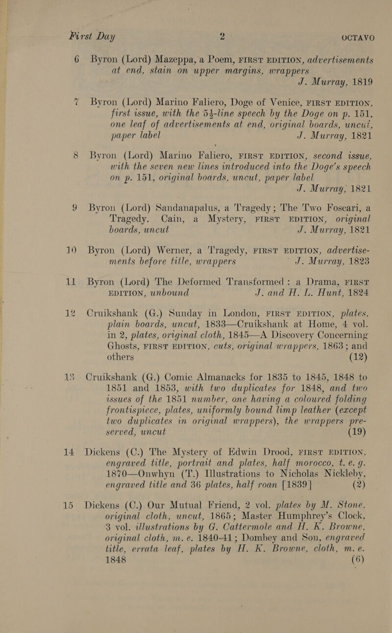 6 io6) cS 14 15 Byron (Lord) Mazeppa, a Poem, FIRST EDITION, advertisements at end, stan on upper margins, wrappers J. Murray, 1819 Byron (Lord) Marino Faliero, Doge of Venice, FIRST EDITION, first wsue, with the 54-line speech by the Doge on p. 151, one leaf of advertisements at end, original boards, uncut, paper label J. Murray, 1821 Byron (Lord) Marino Faliero, FIRST EDITION, second issue, with the seven new lines introduced into the Doge’s speech on p. 151, original boards, uncut, paper label J. Murray, 1821 Byron (Lord) Sandanapalus, a Tragedy; The Two Foscari, a Tragedy. Cain, a Mystery, FIRST EDITION, original boards, uncut J. Murray, 1821 Byron (Lord) Werner, a ‘Tragedy, FIRST EDITION, advertise- ments before title, wrappers J. Murray, 1823 Byron (Lord) The Deformed Transtormed : a Drama, FIRST EDITION, unbound J.and H. L. Hunt, 1824 Jiwikshank (G.) Sunday in London, FIRST EDITION, plates, plain boards, uncut, 1833—Cruikshank at Home, 4 vol. in 2, plates, original cloth, 1845—A Discovery Concerning Ghosts, FIRST EDITION, cuts, original wrappers, 1863; and others (12)  Cruikshank (G.) Comic Almanacks for 1835 to 1845, 1848 to 1851 and 1853, with two duplicates for 1848, and two issues of the 1851 number, one having a coloured folding frontispiece, plates, uniformly bound limp leather (except two duplicates in original wrappers), the wrappers pre- served, uncut (19) Dickens (C.) The Mystery of Edwin Drood, FIRST EDITION, engraved title, portrait and plates, half morocco, t. é. g. 1870—Onwhyn (T.) Llustrations to Nicholas Nickleby, engraved title and 36 plates, half roan [1839 | (2) Dickens (C.) Our Mutual Friend, 2 vol. plates by M. Stone, original cloth, uncut, 1865; Master Humphrey’s Clock, 3 vol. illustrations by G. Cattermole and H, K. Browne, original cloth, m. e. 1840-41; Dombey and Son, engraved title, errata leaf, plates by H. Kk. Browne, cloth, m. e. 1848 (6)