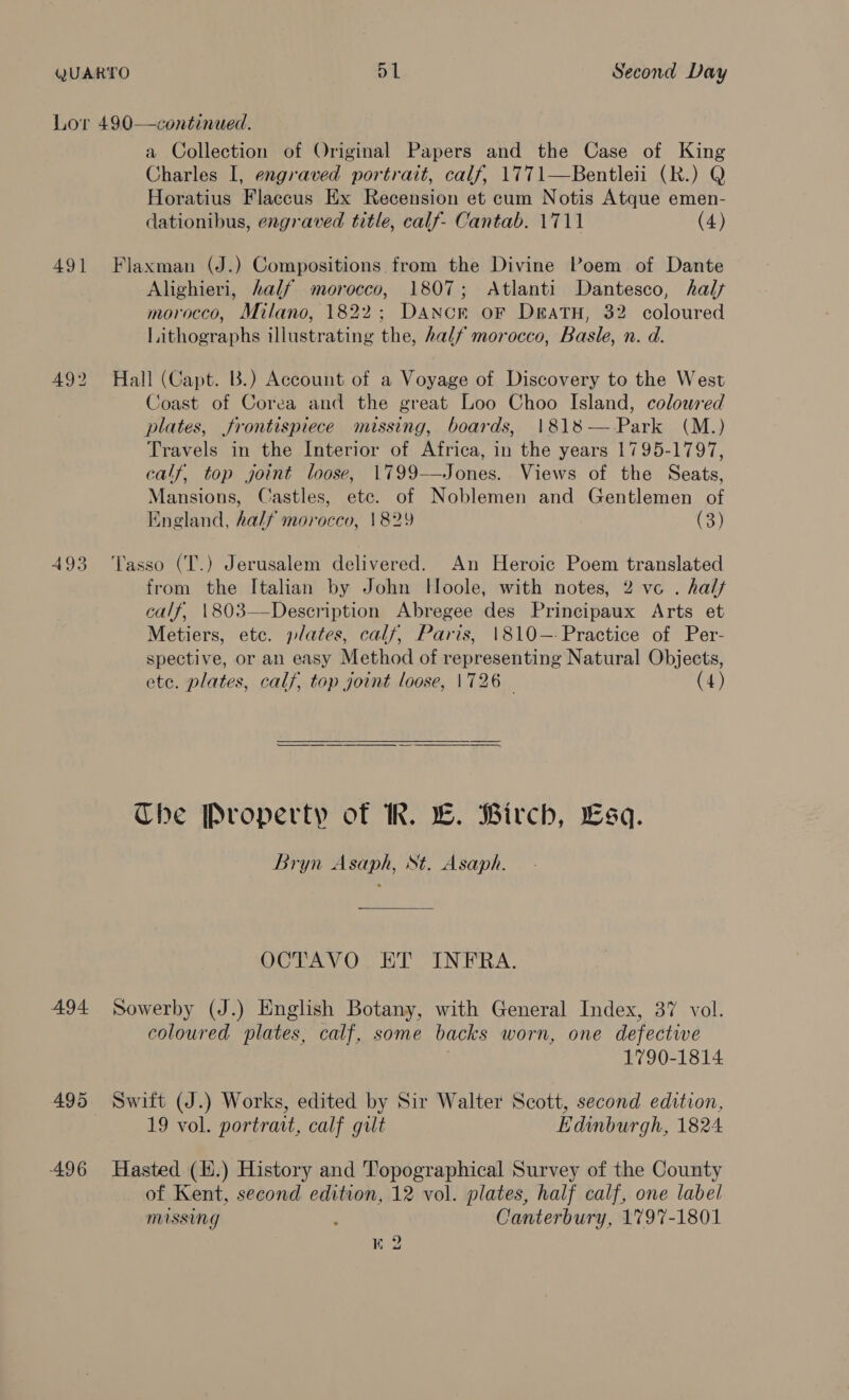 Lor 490—continued. a Collection of Original Papers and the Case of King Charles I, engraved portrait, calf, 1771—Bentleii (R.) Q Horatius Flaccus Ex Recension et cum Notis Atque emen- dationibus, engraved title, calf- Cantab. 1711 (4) 491 Flaxman (J.) Compositions from the Divine Poem of Dante Alighieri, half morocco, 1807; Atlanti Dantesco, haly morocco, Milano, 1822; DAancr or DratuH, 32 coloured Lithographs illustrating the, half morocco, Basle, n. d. 492 Hall (Capt. B.) Account of a Voyage of Discovery to the West Coast of Corea and the great Loo Choo Island, colowred plates, frontispiece missing, boards, 1818— Park (M.) Travels in the Interior of Africa, in the years 1795-1797, calf, top joint loose, 1799—Jones. Views of the Seats, Mansions, Castles, ete. of Noblemen and Gentlemen of England, half morocco, 1829 ts) 493 ‘Tasso (T.) Jerusalem delivered. An Heroic Poem translated from the Italian by John Hoole, with notes, 2 vce . half calf, 1803—Description Abregee des Principaux Arts et Metiers, etc. plates, calf, Paris, 1810—-Practice of Per- spective, or an easy Method of representing Natural Objects, etc. plates, calf, top joint loose, 1726 (4) The Property of Kh. L. Birch, Esq. Bryn Asaph, St. Asaph. OCTAVO ET INFRA. 494 Sowerby (J.) English Botany, with General Index, 37 vol. coloured plates, calf, some backs worn, one defective 1790-1814 495 Swift (J.) Works, edited by Sir Walter Scott, second edition, 19 vol. portrait, calf gilt Edinburgh, 1824 496 Hasted (li.) History and Topographical Survey of the County of Kent, second edition, 12 vol. plates, half calf, one label MASSING ; Canterbury, 1797-1801 K 2