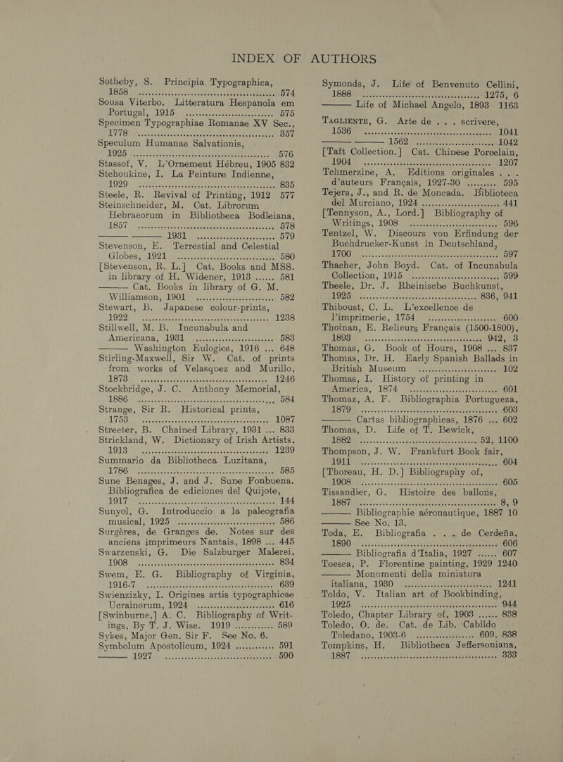 Sotheby, S. Principia Typographica, DBD Ue ten chy hea wntssass cc th techs pean Ceee eee 574 Sousa Viterbo. Litteratura Hespanola em MOTaOUHE, TOT ish. bos psusmicerscnbetce eee 575 Specimen Typographiae Romanae XV Sec., Wit. DLP PUREE es Pe PMA be Shell 9 357 Speculum Humanae Salvationis, ALS Pa ae ee PP ENE) (Go ck tn Lr cal ak Le 576 Stassof, V. L’Ornement Hébreu, 1905 832 Stchoukine, I. La Peinture Indienne, AQ29'- ia eerrenecsh es dee ceceeeneee cee ies 835 Steele, R. Revival of Printing, 1912 577 Steinschneider, M. Cat. Librorum Hebraeorum in Bibliotheca Bodleiana,    ASST piped Biases ccoeebeovs ees coset ane ate 578 a RS HB let ieee edie eR dD 579 Stevenson, E. ‘Terrestial and Celestial Globes s) AQZD IRC. cor tensity [oe oe Bale 580 [Stevenson, R. L.] Cat. Books and MSS. in library of H. Widener, 1918 ...... 581 Cat. Books in library of G. M. ‘W illtemnsonyslO0 Lit: ocirea ts seine, 582 Stewart, Lb. Japanese colour-prints, DODDS cos mies Mee Oh Da iede eee 1238 Stillwell, M. B. Incunabula and Americana OG]. jicscsssties sabes ssaseey 583 Washington Hulogies, 1916 ... 648 Stirling-Maxwell, Sir W. Cat. of. prints from works of Velasquez and Murillo,  LB tih ccusatets eb Reantina ok ona rate dacs 1246 Stockbridge, J. C. Anthony Memorial, TBSG 1 ctepnis delta comms upetieiae seared reenatt ccs 584 Strange, Sir R. Historical prints, ALTOS iL. bMiwoswap as dager an antees shen vese ears 1087 Streeter, B. Chained Library, 1931 ... 833 Strickland, W. Dictionary of Irish Artists, ERD Eth y jah datent hte atthe Ware bo Amira 1239 Summario da Bibliotheca Luzitana, SMe be a te raest Mtparrban wires ee arg herr sy at fier eh 585 Sune Benages, J. and J. Sune Fonbuena. Bibliografica de ediciones del Quijote, OUT aR as veephaeue oh) vehive saat or Eh omen epee 144 Sunyol, G. Introduccio a la paleografia MuUsiGals LOZ sews. vce ceeek nak ecccameme ees 586 Surgéres, de Granges de. Notes sur des anciens imprimeurs Nantais, 1898 ... 445 Swarzenski, G. Die Salzburger Malerei, LD0S &gt; Osc iees bees see ceapspsasebcesemepeeuieen 834 Swem, E. G. Bibliography of Virginia, TOL |) ed Meite siesta ee 639 Swienzizky, I. Origines artis typographicae Ucrainorum,:- 19240 cssict\sedeaceveeee hens 616 [Swinburne,] A. C. Bibliography of Writ- ings, By @D...d /8Wisemyal 01 Oita cists 589 Sykes, Major Gen. Sir F. See No. 6. Symbolum Apostolicum, 1924 ............ 591 MOD Tihs cat vakesen tenon teotenemmennune 590  Symonds, J. Life of Benvenuto Cellini, LESS A. 6 2.0 ses one ils Were or Sateen 1275, 6 Life of Michael Angelo, 1893 1163 TaGLIENTE, G. Arte de..  . scrivere,   DHE Gs 5 vos «is « susie ne PT RE er 1041 LOBZ iy seus ate 1 Rey haeeen 1042 [Taft Collection.] Cat. Chinese Porcelain, DPE A sis. ove'n's's's 0 RAVEN Tao ete Cee ae 1207 Tchmerzine, A. Editions originales... d’auteurs Francais, 1927-30 ......... 595 Tejera, J., and R. de Moncada. Biblioteca eraMurciano, LOP4 j00.)..cccepa de peat eee 441 [Tennyson, A., Lord.] Bibliography of Prranos, 1908 5 eisutp. ptr seaman ines 596 Tentzel, W. Discours von Erfindung der Buchdrucker-Kunst in Deutschland, 1 eres ses Sie MMB RE PN aS Oe 597 Thacher, John Boyd. Cat. of Incunabula omection, 191) Vos. denscepeeetc tees 599 Theele, Dr. J. Rheinische Buchkunst, 8 ERE oe cory wee a nts 836, 941 ‘Thiboust, C. L. L’excellence de Pmaantimerie, 1764) ti t;eouee 600 Thoinan, E. Relieurgs Francais (1500-1800), Bee, 65 oo'esid wn Sep etan hy ns ceeeeeee ae 942, 3 Thomas, G. Book of Hours, 1908 ... 837 Thomas, Dr. H. Early Spanish Ballads in Wetateh . Museuih « .¢,asagcseeeen eee 102 Thomas, I. History of printing in Bamerich, 1874 oi ens ceepeen tee 601 Thomaz, A. F. Bibliographia Portugueza, DPCMEEEDS 6 +&gt; 0 oss 0dews sealed hele ame eee 603 Cartas bibliographicas, 1876 ... 602 Thomas, D. Life of T. Bewick, 02)” CR ote ss ue Syren 52, 1100 Thompson, J. W. Frankfurt Book fair, RESULTS b'n's..'.. oas beadneuei ene oto ts acta 604  WR Tii iy cco ss ous -Lisgida Raenediebo eestnay hemes 8,9 Bibliographie aéronautique, 1887 10 See No. 138. Toda, E. Bibliografia . . de Cerdefia, BO) vies os ive seed beeen eae 606 Bibliografia d’Italia, 1927 ...... 607 Toesea, P. Florentine painting, 1929 1240 Monumenti della miniatura     ataliana, 1980: \ vente stegeteyeddees teens (1241 Toldo, V. Italian art of Bookbinding, LODO ati sc des os sined hagedeeoe MOReRea tip eaeaieas 944 Toledo, Chapter Library of, 1908 ...... 838 Toledo, O. de. Cat. de Lib. Cabildo Voledano. 1908-6. 005,,...t5ceeb ies me 609, 838 Tompkins, H. Bibliotheca Jeffersoniana, ABSUsG syice save nod tok cv seeseeaeey erReUetr ar daare 333