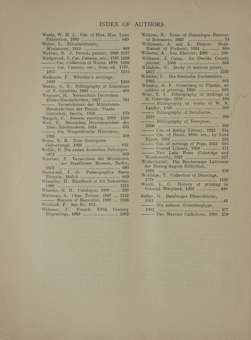 Weale, W. H. J. Cat. of Hist. Mus. Loan mxprpition, LB85 ic. vert areetsetaueee re 649 Weber, L. Elfenbeintafeln, Miniatusen 1 LOLS..:\ weke le. coreawcss tunes 848 Webber, B. J. Orrock, painter, 1908 1167 Wedgwood, J. Cat. Cameos, etc., 1787 1208 Cat. Collection of Works, 1879 1209 Cat. Cameos, etc., from ed. 1787,   STS i i: cadet BRIN Or acai 19s oe oe 1210 Wedmore, F. Whistler’s etchings, 1899) sR Aree PER ehee, pretaioenes 1255 Weeks, S. B. Bibliography of Literature of: Ni iCarolina scLROS Ati seetehen nates «te 463 Wegener, H. Verzeichnis Deutschen Bilder-Handschriften, 1927 ............ 751 Verzeichnisse der Miniaturen- Handschriften der Preuss: Staats- bibliothek, Berlin,» 1928 ....¢....0s0.. 679 Weigelt, C. Sienese painting, 1980 1250   Weil, E. Deutschen Druckerzeichen des 15ten. Jahrhunderts, 1924 ............... 651 Die Wiegendrucke Miinchens, LORS Ree hcl rvs sige trmdcleinayacy 5 438 Weiss, E. R. Zum fiinfzigsten Geburistage + L020.0, cvcisdeusnvesnstpacses 652 Weller, E. Die ersten deutschen Zeitungen, ABTS RE, EL ee occ ate eee 653 Wescher, P. Verzeichnis der Miniaturen der Staatlichen Museen, Berlin, DOB TG a. oate acridine cap eria bes lenenmeMe s bite 680 Westwood, J. O. Palaeographia Saera Pictoria 1845-5 Garren cates loves 849 Wheatley, H. Handbook of Art Industries, LEGG cscs taeedaied ates s Madoc Meet ial oe EAN ge 1211 Wheeler, G. H. Catalogue, 1909 ...... 223 Whitman, A. Chas. Turner, 1907 ... 1242 Masters of Mezzotint, 1898 ... 1256 Wickhoff, F. See No. 674. Widener, J. French XVth Century Enpravings, L025 a ure ct ant 1092  Wilkins, E. Trees of Genealogia Deorum    Of Boceaccle; M1028 ° 1. sdemeconmteves ceanees 74 Wilkinson, J. and L. Binyon. Shah- Namah)/of: Firdausi, 1981 t.0......8 850 Willems, A. Les Elzevier, 1880 ...... 226 Williams, J. Camp. An Oneida County Dire... 906 eee ee eaen se ebae 655 Willshire, W. Study of ancient prints, cy: Oy AAR reo) 57 1S RE 1257 Winkler, I. Die flamische Buchmalerei . . DD CLG os ois 'sce nce apetesteiewee Oe ssnskernasee 851 Winship, G. P. Gutenberg to Plantin, an outline of printing, 1926 ............... 656 Wise, T. J. Bibliography of writings of PUMUO arid ge, LOL ie. tic tisevevpsnk veewnes 166 Bibliogrophy of works of W. 8. mgetidor, 1928 i280. .ebs coccee co ealeceenee 360. Bibliography of Swinburne, BID: nna envancdtawehaeeeaeven subang pr rmebaraeag 589 Bibliography of Tennyson, GIS. wie bc anette Vas ee Be erelas encanta ee a 596. Cat. of Ashley Library, 1922 dla Cat. of Books, MSS. etc., by Lord      yrOn, ‘LOS L icc etesm ces dsaees taeseeeenone yes 125 Cat. of writings of Pope, 1931 505 Conrad Library, 1926 oi. rekecase 171 Two Lake Poets (Coleridge and Wordsworth), sEO27 oo .seswsentesen ts snarls 657 Wolfenbiittel. Das Reichenauer Lektionar der Herzog-August Bibliothek,  1928. oc Spares senctet ence Caters apo geeee ene 852 Worlidge, T. Collection of Drawings, L778 .,, cccetepeaeeneee cate Crear ete ean ae 1133 Wroth, L. C. History of printing in Colonial Maryland, 1922 ............... 658 Zedler, G. Bamberger Pfisterdrucke, LOL ic civapp davies aphacteob eee tah ghee ee 42 Die aelteste Gutenbergtype, 1902 weiner tet vanen cans mickey oamee 277 —— Das Mainzer Catholicon, 1905 278