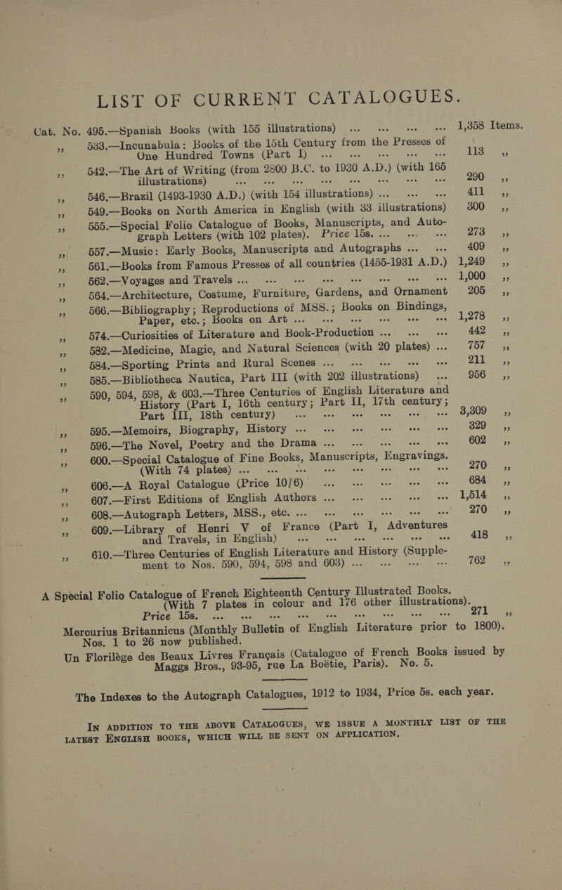 LIST OF CURRENT CATALOGUES. Cat. No. 495.—Spanish Books (with 155 illustrations) ... PE Sven ge) LETOS, e 533.—Incunabula: Books of the 15th coe win from ie Presses of One Hundred Towns (Part I) ... RIBS ts 7 542.—The Art of Writing see 2500 ey C. to 1930 A. D. vith 165 illustrations) “ rst ogee os 546.—Brazil (1493-1930 A.D. ) (with 154 itiastewbions):. : vA Big fa 549.—Books on North America in English (with 33 sinetrations) COU aa y 555.—Special Folio Catalogue of Books, Manuscripts, and mona graph Letters (with 102 plates). Prices ies ic0a lo) 55 aA 557.—Music: Early Books, Manuscripts and Autographs... ... 409 ,, ee 561.—Books from Famous Presses of all countries (1455-1931 AD LAA 562.—Voyages and Travels . Lae ls EU ea: 564.—Architecture, Gastume: Hurnitire fone ad Ornament 200) +5; 566.—Bibliography ; Reproductions of MSS. ; Books on Upper a Paper, etc.; Books on Art . Pas py BA eye a 574.—Curiosities of faiators and Fee wladeation’: EW | ig F 442; os 582.—Medicine, Magic, and Natural Sciences (with 20 Siar doy panes 584.—Sporting Prints and Rural Scenes... . oa SEL ee » 585.—Bibliotheca Nautica, Part III (with 202 ieeerabione) edits: GOR tONE s 590, 594, 598, &amp; 603. —Three Centuries of English Literature and History (Part I, 16th century; Part is pc Peete Part III, 18th century) oe md A a a 595.—Memoirs, Binernaby, EAtCROR NC rae ret ened cee cae fC ven 2) ena “A 596.—The Novel, Poetry and the Drama... .. 602, 3 600.—Special Catalogue of Fine seta Manuscripts ‘Engraving. (With 74 plates) . ‘a vd 1 asp 3 606.—A Royal Catalogue (Price 10/ 6) so as OR a 684 =, “ 607.—First Editions of English Authors ... ... +++ see eee Lbi4w 6 ;. Wf 608.—Autograph Letters, MSS., etc. ... .. Bi irs P 609.—Library of Henri V_ of France (Part AF bean bees and Travels, in English) ... 41B |: sa 610.—Three Centuries of English Tigecaiace cat History (Supple- ment to Nos. 590, 594, 598 and 603) . : 1Gg irs: A Special Folio Catalogue of Frenck Highteenth Century Illustrated Books. (With 7 plates in eit and 176 aes Sha teen Price: lia ae P78 Wo Mercurius Britannicus (Monthly B Bulletin ve ‘English Eeeniaeh prior to 1800). Nos. 1 to 26 now published. Un Florilege Tree Beaux Livres Frangais (Catalogue of French Books issued by Maggs Bros., 93-95, rue La Boétie, Paris). No. 5. The Indexes to the Autograph Catalogues, 1912 to 1934, Price 5s. each year. IN ADDITION TO THE ABOVE CATALOGUES, WE ISSUE A MONTHLY LIST OF THE LATEST ENGLISH BOOKS, WHICH WILL BE SENT ON APPLICATION,