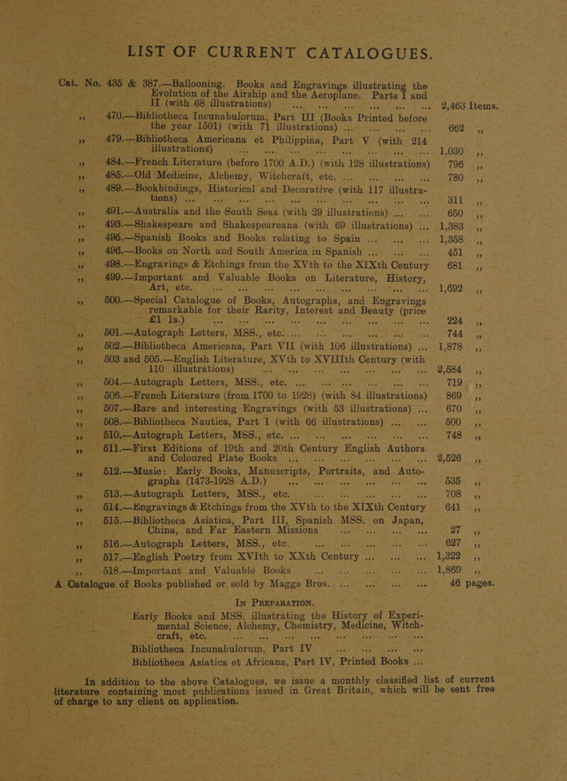 PEST OF CURRENT CATALOGUES. ” ' os 72... re If (with 68 illustrations) Ae In PREPARATION. AS ~ Early Books and MSS. illustrating the History of Experi- mental Science; en CRORISEEY: ne a Sb &gt; craft, ete. &lt;.. . ais ; ve _ Bibliotheca Pr iaiokrito., Part Iv_ 5 Bibliotheca Asiatica et Africana, Part IV, Printed Books ae : the year 1501) (with 71 illustrations) , 662°7%, 479. —-Bibliotheca Americana et Appts, Part Vv (with 214 | illustrations) 5 £030 25.5 484, —French Literature fetore 1700 A. D. ) Gaile 128 illustrations) 126 &lt;,; +485. —Old Medicine, Alchemy, Witchcraft, etc. - : 180-—~,; ek bdinas, A ae and Decorative (vith 117 illustra- bea e bEONS) =, fe GL es —491.—Australia Ae the ‘oath oe (with 29 Saeheatonnie: 660.=;; 493. —Shakespeare and Shakespeareana (with 69° Heeticonsy © 1,583 2-,; 495 .—Spanish Books and Books relating to Spain ... 1,358 ,, 496. _—Books on North and South America in Spanish . 2 eA Lee 498. —Engravings &amp; Etchings from the XVth to the XIXth Guitece 681 &lt;;; 499, —Important and Asap? Books on ey HinGOrys . - Art, etc. : 1,692. ~,, 500. 0.—Specia Catalogue of Tikes. eatouraphe, pee avis : . remarkable for their Harty, Interest and eee ee . ne Le Es.) - ee seas ct a ees pal adsiay 7: ere 601.—Autograph Letters, MSS., pre PAL ae ~ 602.—Bibliotheca Americana, Part VIL (with 108 er ae . £ 87a; 608 and 505. English BeSriniSs XVth to ey Ah oe (ith 4110 illustrations) =... 2,084 —,, ~ 604. —Autograph Letters, MSS., PG re, - 606.—French Literature (from +700 Pe 1928) arte ‘84 icetrétions) 8692-5; 507.Rare and interesting Engravings (with 53. see ee O70) - 6§08.—Bibliotheca Nautica, Part I Bee 66 aaa 500 ,, 610, Autograph Letters, MSS., 748 yy -§11.—First Editions of 19th og aie Century English Authors es and Coloured Plate Books 2,526 — ,, 612. —Musie: - Early Books, Manuberipts, Portraits, and Auto- _ graphs (1473-1928 ihe D.) : j Sree DOO. gs 513. —Autograph Letters, MSS., aa REN S7OSo 5 614. —Kngravings &amp; Etchings from the XVth to the XIXth Canin pe O41 BIS. Pea es -Asiatica, Part III, Spanish MSS, on J Seuss es ¥: China, and Far Hastern Missions rf ieee: 516. EP Avioareph Letters, MSS., etc. 7 ies Seem Gamer «B17, —English Poetry from XVIth to XXth Cenkuky ae blaa tt sy 518.—Important and Valuable Books” . 1,869 ,, 46 pages.