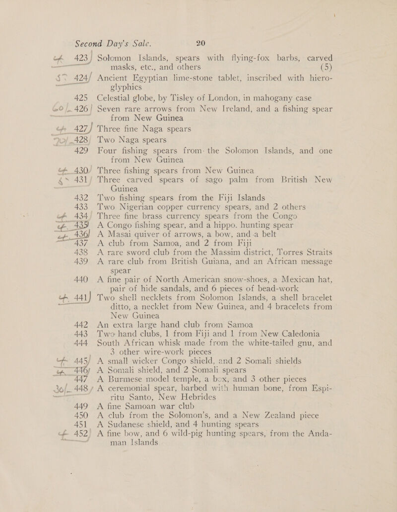 425 427) 428 429 A30,) 432 433 434 VAB7 438 439 440 % 442 443 444 445) AAG) “447 449 450 451 masks, etc., and others >) Ancient Eg Ponta lime-stone tablet, inscribed with hiero- glyphics Celestial globe, by Tisley of London, in mahogany case Seven rare arrows from New Ireland, and a fishing spear from New Guinea Three fine Naga spears Two Naga spears Four fishing spears from- the Solomon Islands, and one from New Guinea Three fishing spears from New Guinea Three carved spears of sago palm from British New Guinea Two fishing spears from the Fiji Islands Two Nigerian copper currency spears, and 2 others Three fine brass currency spears from the Congo A Congo fishing spear, and a hippo. hunting spear A Masai quiver of arrows, a bow, and-a belt A club from Samoa, and 2 from Fiji A rare sword club from the Massim district, Torres Straits A rare club from British Guiana, and an African message spear A fine pair of North American snow-shoes, a Mexican hat, pair of hide sandals, and 6 pieces of bead-work Two shell necklets from Solomon Islands, a shell bracelet ditto, a necklet from New Guinea, and 4 bracelets from New Guinea An extra large hand club from Samoa Two hand clubs, 1 from Fiji and 1 from New Caledonia South African whisk made from the white-tailed gnu, and 3 other wire-work pieces A small wicker Congo shield, and 2 Somali shields A Somah shield, and 2 Somali spears A Burmese model temple, a box; and 3 other pieces A ceremonial spear, barbed with human bone, from Espi- ritu Santo, New Hebrides A fine Samoan war club A club from the Solomon’s, and a New Zealand piece A Sudanese shield, and 4 hunting spears A fine bow, and 6 wild-pig hunting spears, from the Anda- man Islands