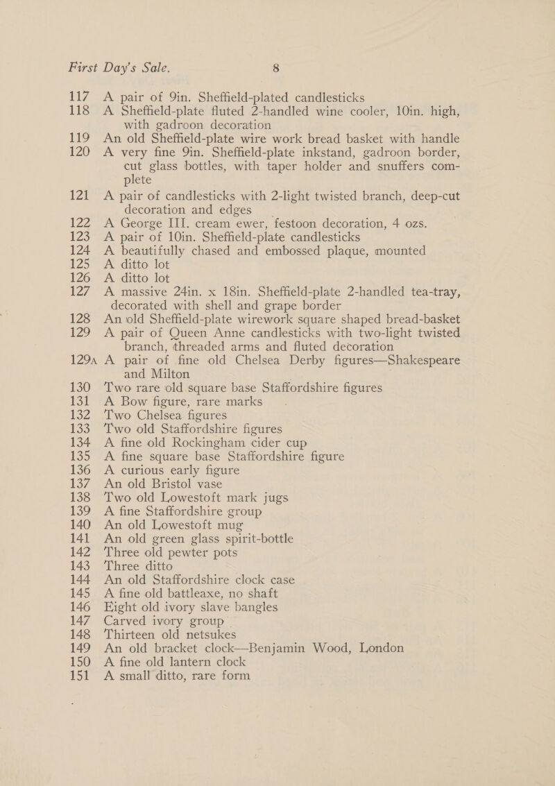 117 118 lig 120 121 122 £23 124 125 126 127 128 rz A pair of 9in. Sheffield-plated candlesticks A. Sheffield-plate fluted 2-handled wine cooler, 10in. high, with gadroon decoration An old Sheffeld-plate wire work bread basket with handle A very fine 9in. Sheffield-plate inkstand, gadroon. border, cut glass bottles, with taper holder and snuffers com- plete A pair of candlesticks with 2-light twisted branch, deep-cut decoration and edges A George III. cream ewer, festoon decoration, 4 ozs. A pair of 10in. Sheffield-plate candlesticks A beautifully chased and embossed plaque, mounted A. ditto lot A. ditto lot A massive 24in. x 18in. Sheffield-plate 2-handled tea-tray, decorated with shell and grape border An iold Sheffield-plate wirework square shaped bread-basket A pair of Queen Anne candlesticks with two-light twisted branch, threaded arms and fluted decoration A pair of fine old Chelsea Derby figures—Shakespeare and Milton Two rare old square base Staffordshire figures A Bow figure, rare marks Two Chelsea figures Two old Staffordshire figures A fine old Rockingham cider cup A fine square base Staffordshire figure A curious early figure An old Bristol vase Two old Lowestoft mark jugs A fine Staffordshire group An old Lowestoft mug An old green glass spirit-bottle Three old pewter pots Three ditto An old Staffordshire clock case A fine old battleaxe, no shaft Eight old ivory slave bangles Carved ivory group. Thirteen old netsukes An old bracket clock—Benjamin Wood, London A fine old lantern clock A small ditto, rare form