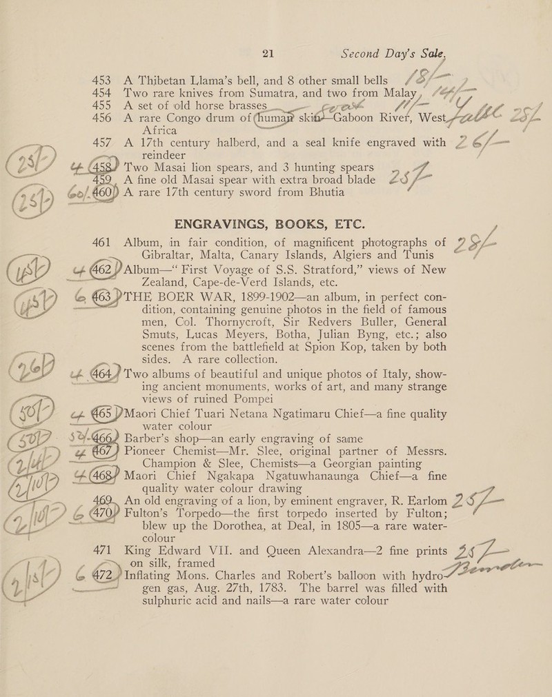     21 Second Day’s Sale, J ects 453 A Thibetan Llama’s bell, and 8 other small bells /O/~ | 454 ‘Two rare knives from Sumatra, and two from Malay, | Ceffn  (ror 455 &lt;A set of old horse brasses wr e3t YO Fe 4, 456 A rare Congo drum of (humay REE aiaon River, West OT) Africa rs A 17th century halberd, and a seal knife engraved with 7 6 (se reindeer T wo Masai lion spears, and 3 hunting spears A A fine old Masai spear with extra broad blade 25 f- 459 Go/,460) A rare 17th century sword from Bhutia ENGRAVINGS, BOOKS, ETC. 461 Album, in fair condition, of magnificent photographs of Z SL 3 Gibraltar, Malta, Canary Islands, Algiers and Tunis “™ / Zealand, Cape-de-Verd Islands, etc. &amp; 63, YTHE BOER WAR, 1899-1902—an album, in perfect con- ead dition, containing genuine photos in the field of famous men, Col. Thornycroft, Sir Redvers Buller, General Smuts, Lucas Meyers, Botha, Julian Byng, etc.; also scenes from the battlefield at Spion Kop, taken by both sides. A rare collection. ar G64. ‘Two albums of beautiful and unique photos of Italy, show- = ing ancient monuments, works of art, and many strange views of ruined Pompei haf A dames Chief Tuari Netana Ngatimaru Chief—a fine quality Sa tng Gi water colour / Barber’s shop—an early engraving of same /} Pioneer Chemist—Mr. Slee, original partner of Messrs. er peo Champion &amp; Slee, Chemists—a Georgian painting +468? /Maori Chief Ngakapa Ngatuwhanaunga Chief—a fine quality water colour drawing a An old engraving of a lion, by eminent engraver, R. Earlom zy, S i 470) Fulton’s ‘Torpedo—the first torpedo inserted by Fulton; wes blew up the Dorothea, at Deal, in 1805—a rare water- colour 471 King Edward VII. and Queen Alexandra—2 fine prints 28 Z- f on silk, framed Ge 472) Inflating Mons. Charles and Robert’s balloon with ane — ———~ gen gas, Aug. 27th, 1783. The barrel was filled with sulphuric acid and nails—a rare water colour  f Oe ae