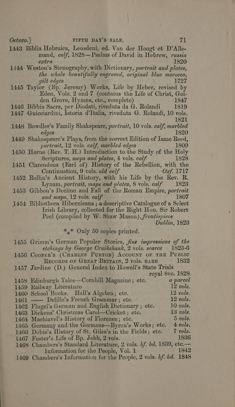 1443 Biblia Hebraica, Leusdeni, ed. Van der Hoogt et D’Alle- mand, calf, 1828— Psalms of David in Hebrew, russia extra 1820 1444 Weston’s Stenography, with Dictionary, portrait and plates, the whole beautifully engraved, original blue morocco, gilt edges 1727 1445 Taylor (Bp. Jeremy) Works, Life by Heber, revised by Eden, Vols. 2 and 7 (contains the Life of Christ, Gol- den Grove, Hymns, etc., complete) 1847 1446 Bibbia Sacra, per Diodati, riveduta da G. Rolandi 1819 1447 Guicciardini, Istoria d'Italia, riveduta G. Rolandi, 10 vols. 1821 1448 Bowdler’s Family Shakspeare, portrait, 10 vols. calf, marbled edges 1820 1449 Shakespeare’s Plays, from the correct Edition of Isaac Reed, portrait, 12 vols. calf, marbled edges 1809 1450 Horne (Rev. T. H.) Introduction to the Study of the Holy Scriptures, maps and plates, 4 vols. calf 1828 1451 Clarendons (Earl of) History of the Rebellion, with the Continuation, 9 vols. old calf Oaf.1717 1452 Rollin’s Ancient History, with his Life by the Rev. R. Lynam, portrait, maps and plates, 8 vols. calf 1823 1453 Gibbon’s Decline and Fall of the Roman Empire, portrait | and maps, 12 vols. calf 1807 1454 Bibhotheca Hibernicana ; a descriptive Catalogue of a Select Irish Library, collected for the Right Hon. Sir Robert Peel (compiled by W. Shaw Mason), frontispiece Dublin, 1823 *.* Only 50 copies printed. 1455 Grimm’s German Popular Stories, jine impressions of the etchings by George Cruikshank, 2 vols. scarce 1828-6 1456 Cooper’s (CuarLEsS Purton) Account or THE PUBLIC Recorps oF Great Brirvatn, 2 vols. RARE 1882 1457 Jardine (D.) General Index to Howell’s State Trials royal 8vo. 1828  1458 Edinburgh Tales—Cornhill Magazine; etc. a parcel 1459 Railway Literature 12 vols. 1460 School Books. Hall’s Algebra; ete. 12 vols. 1461 Delille’s French Grammar ; etc. 12 vols. 1462 Flugel’s German and English Dictionary ; ete. 10 vols. 1463 Dickens’ Christmas Carol—Cricket ; ete. 13 vols. 1464 Machiavel’s History of Florence; ete. 5 vols. 1465 Germany and the Germans—Byron’s Works; etc. 4 vols. 1466 Dobie’s History of St. Giles’s in the Fields; ete. 7 vols. 1467 Foster’s Life of Bp. Jebb, 2 vols. 1836 1468. Chambers’s Standard Literature, 2 vols. hf. bd, 1839, etc.— Information for the People, Vol. 1 1842 1469 Chambers’s Information for the People, 2 vols. hf bd. 1848