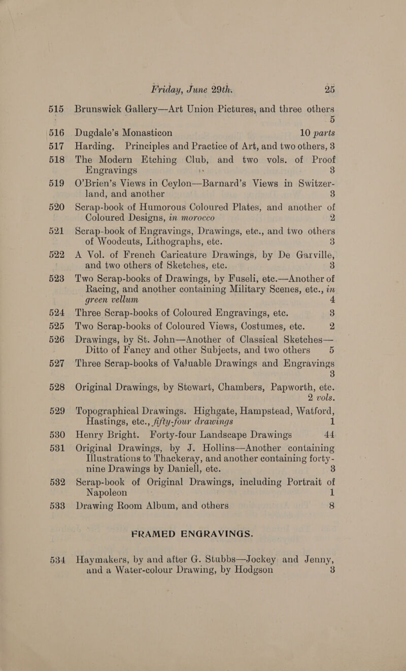 534 Brunswick Gallery—Art Union Pictures; and three others } a8 Dugdale’s Monasticon 10 parts Harding. Principles and Practice of Art, and two others, 3 The Modern Etching tek and two vols. of Proof Engravings 3 O’Brien’s Views in TES Oe Kas EMtAls Views in Switzer- land, and another 3 Serap-book of Humorous Coloured Plates, and another of Scrap-book of Engravings, Drawings, ete., and two others of Woodcuts, Lithographs, ete. 3 A Vol. of French Caricature Drawings, by De Garville, and two others of Sketches, etc. 3 Two Scrap-books of Drawings, by Fuseli, ete.—Another of Racing, and another containing Military Scenes, etc., in green vellum 4 Three Scrap-books of Coloured Engravings, etc. 3 Two Scrap-books of Coloured Views, Costumes, etc. 2 Drawings, by St. John—Another of Classical Sketches— Ditto of Fancy and other Subjects, and two others 5 Three Scrap-books of Valuable Drawings and Engravings Original Drawings, by Stewart, Chambers, Papworth, etc. 2 vols. Topographical Drawings. Highgate, Hampstead, Watford, Hastings, etc., fifty-four drawings 1 Henry Bright. Forty-four Landscape Drawings 44 Original Drawings, by J. Hollins—Another containing Illustrations to Thackeray, and another containing forty- nine Drawings by Daniell, ete. Serap-book of oe PEE Be including Portrait of Drawing Room Album, and others 8 FRAMED ENGRAVINGS. Haymakers, by and after G. Stubbs—Jockey and Jenny, and a Water-colour Drawing, by Hodgson 3