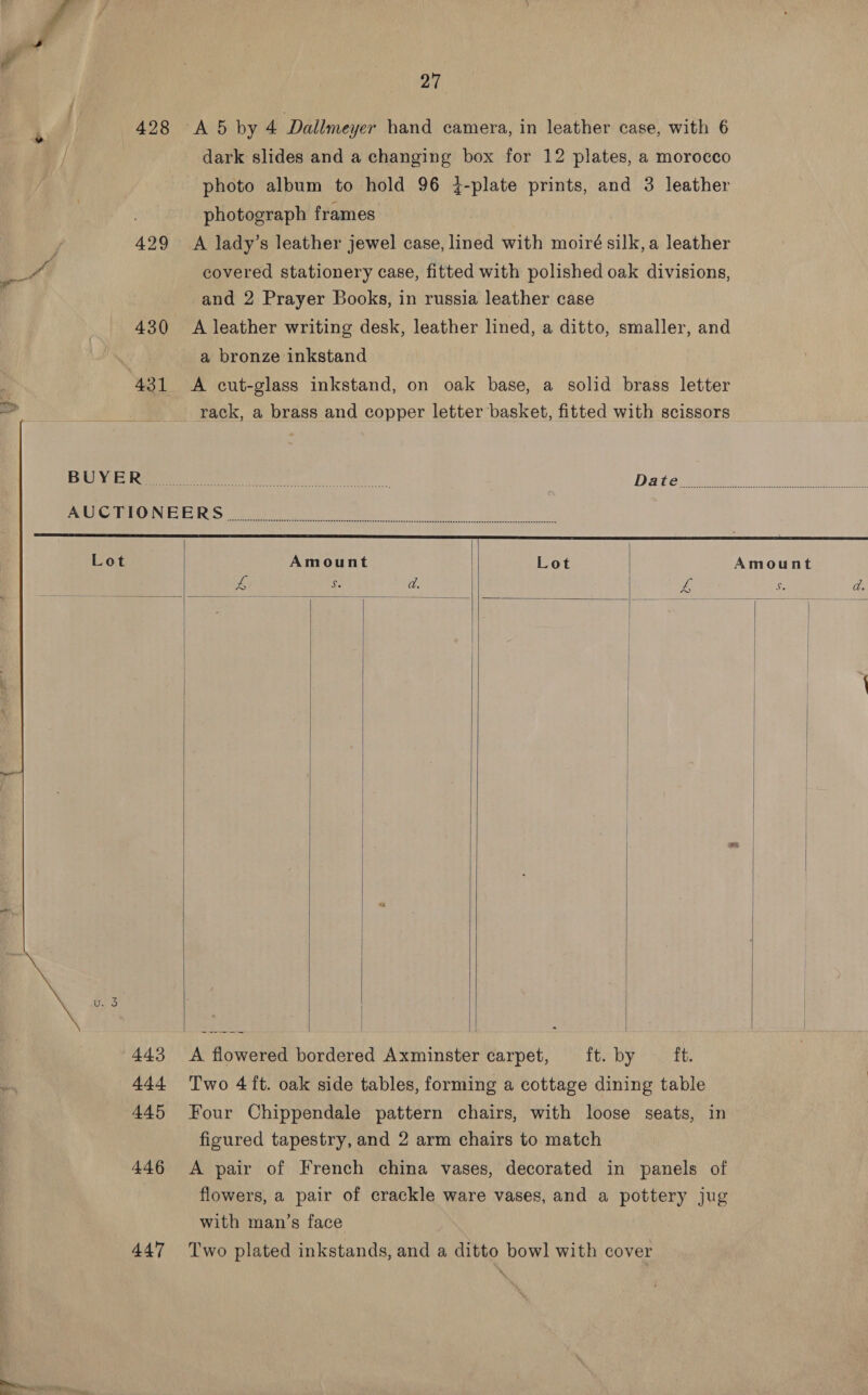            yf [ : . a 428 A5 by 4 Dallmeyer hand camera, in leather case, with 6 / dark slides and a changing box for 12 plates, a morocco photo album to hold 96 4-plate prints, and 3 leather photograph frames 429 A lady’s leather jewel case, lined with moiré silk, a leather ea covered stationery case, fitted with polished oak divisions, | and 2 Prayer Books, in russia leather case 430 A leather writing desk, leather lined, a ditto, smaller, and a bronze inkstand 431 A cut-glass inkstand, on oak base, a solid brass letter rack, a brass and copper letter basket, fitted with scissors Se Ree er ek. Datere ereee. 2) ee pee UCN ES RS) oy) eee re We et ee ee Lot Amount Lot Amount 443 A flowered bordered Axminster carpet, ft. by ft. ti 444 Two 4ft. oak side tables, forming a cottage dining table 445 Four Chippendale pattern chairs, with loose seats, in figured tapestry, and 2 arm chairs to match 446 A pair of French china vases, decorated in panels of flowers, a pair of crackle ware vases, and a pottery jug with man’s face 44'7 Two plated inkstands, and a ditto bowl with cover Sy