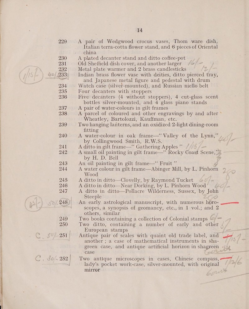 229 230 231 232 234 235 236 237 238 239 240 241 242 243 244 245 246 247 249 250 14 A pair of Wedgwood crocus vases, Thom -ware dish, Italian terra-cotta flower stand, and 6 pieces of Oriental china A plated decanter stand and ditto coffee- -pot Old Sheffield dish cover, and another larger Metal plate warmer and 2 brass candlesticks Indian brass flower vase with deities, ditto pierced. tray, and Japanese metal figure and pedestal with drum Four decanters with stoppers Five decanters (4 without stoppers), 4 cut-glass scent bottles silver-mounted, and 4 glass piano stands A pair of water-colours in gilt frames A parcel of coloured and other engravings by and after Wheatley, Bartolozzi, Kauffman, etc. Two hanging lanterns, and an oxidized 2-light dining-room fitting A water-colour in oak frame—‘ Valley of the Lynn,” by Collingwood Smith, R.W.S. A ditto in gilt frame—* Gathering Apples ”’ DyctiveD. Bet An oil painting in gilt frame— Fruit ” A water colour in gilt frame—Abinger Mill, by L. Pinhorn Wood A ditto in ditto—Clovelly, by Raymond Tucket A ditto in ditto—Near Dorking, by L. Pinhorn Wood A ditto in ditto—Pollacre Wilderness, Sussex, by apse Steeple An early astrological manuscript, with numerous horo- scopes, a synopsis of geomancy, etc.,in 1 vol.; and 2 others, similar European stamps Antique pair of scales with quaint old trade label, and another ; a case of mathematical instruments in sha- green case, and antique artificial horizon in a abe case | Two antique microscopes in cases, Chinese compass, mirror